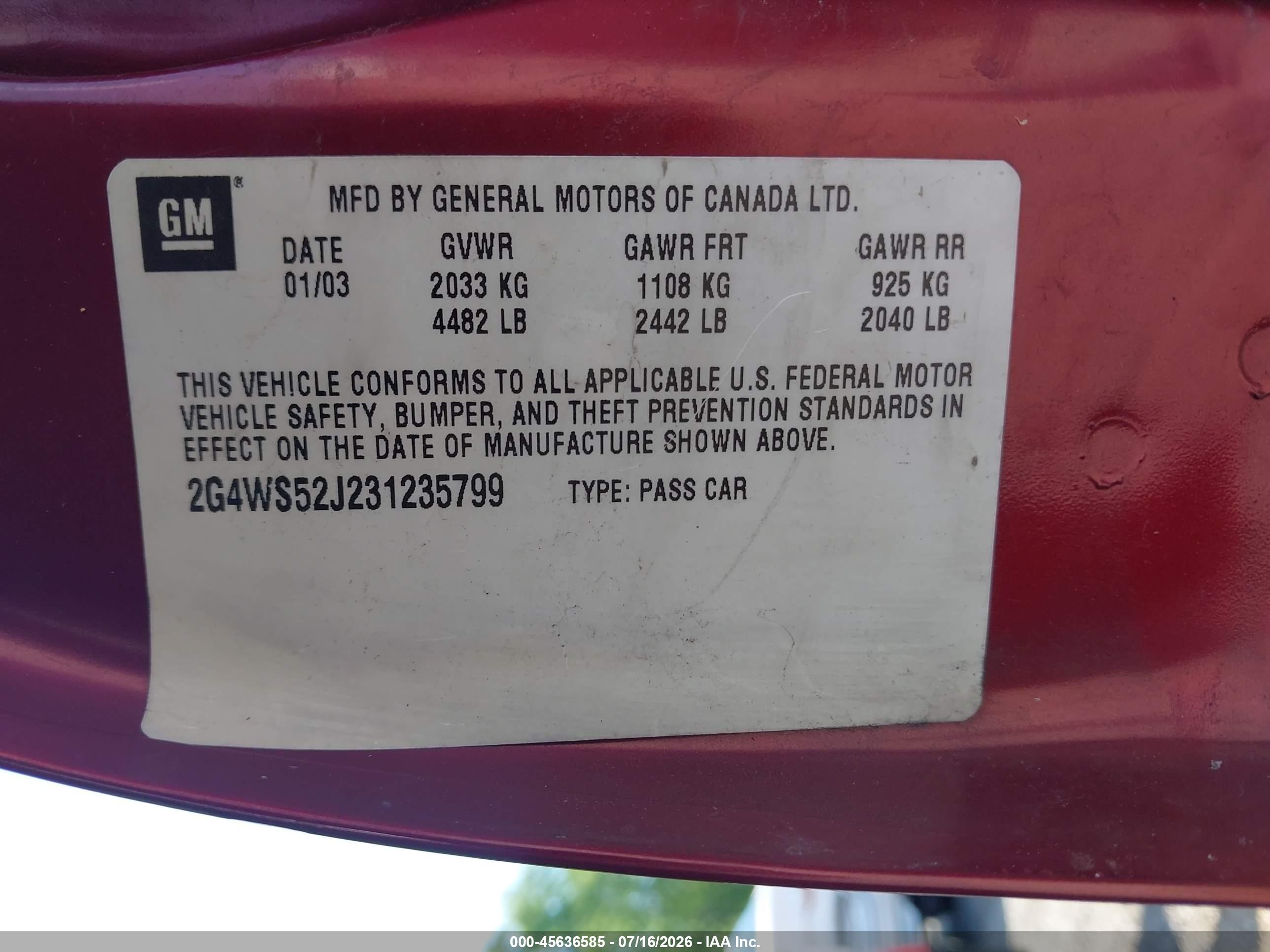 2003 Buick Century Custom Red vin: 2G4WS52J231235799