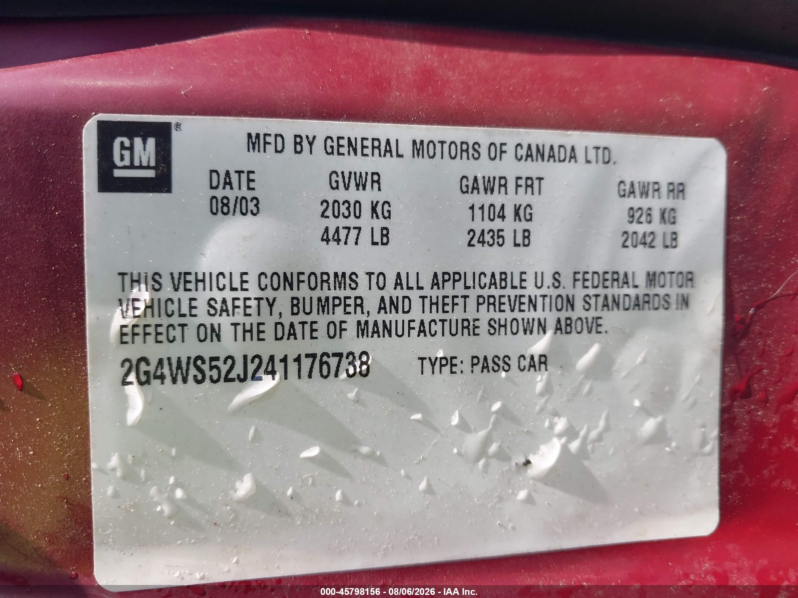 2004 Buick Century   Red vin: 2G4WS52J241176738