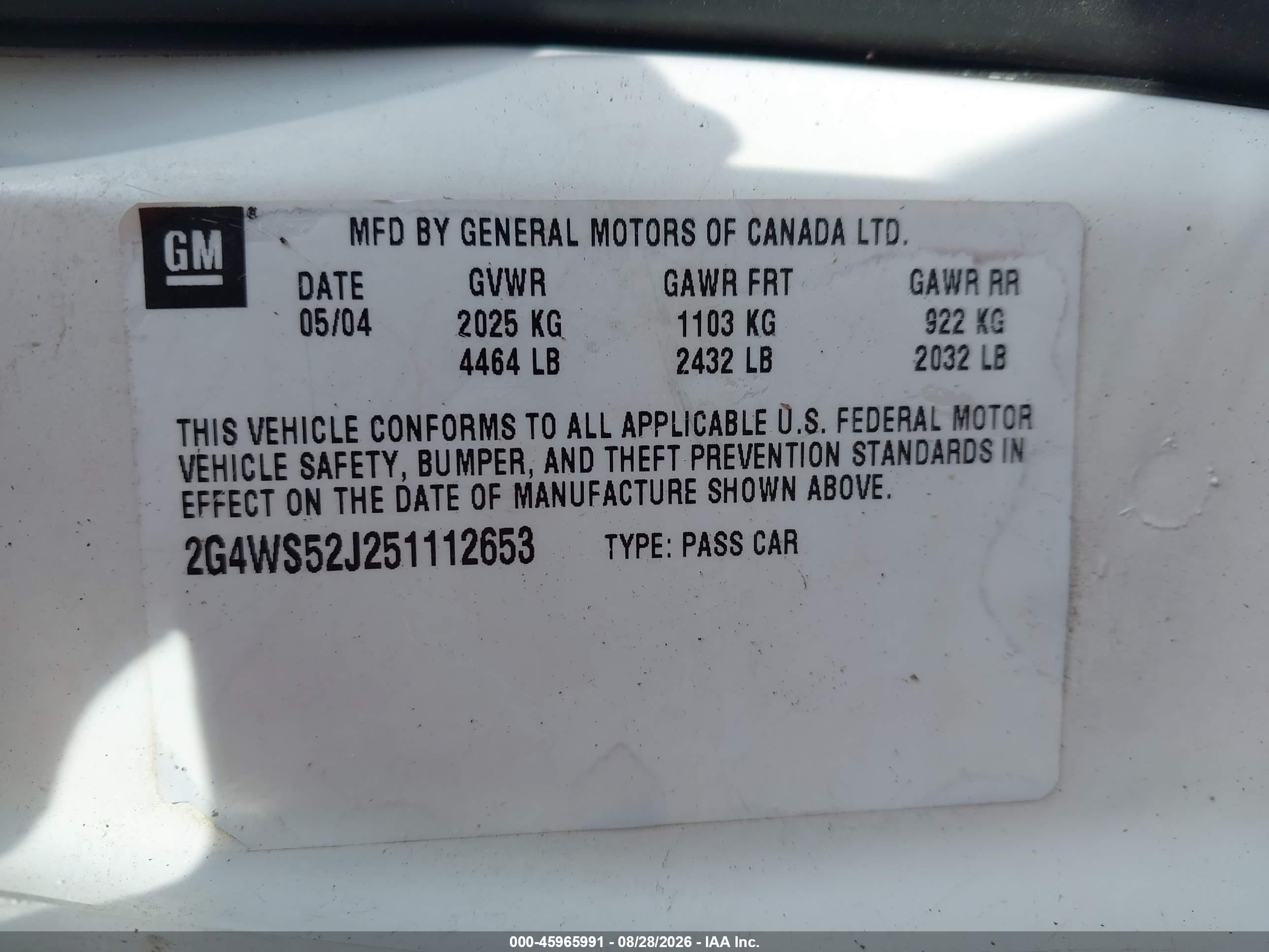2005 Buick Century   White vin: 2G4WS52J251112653