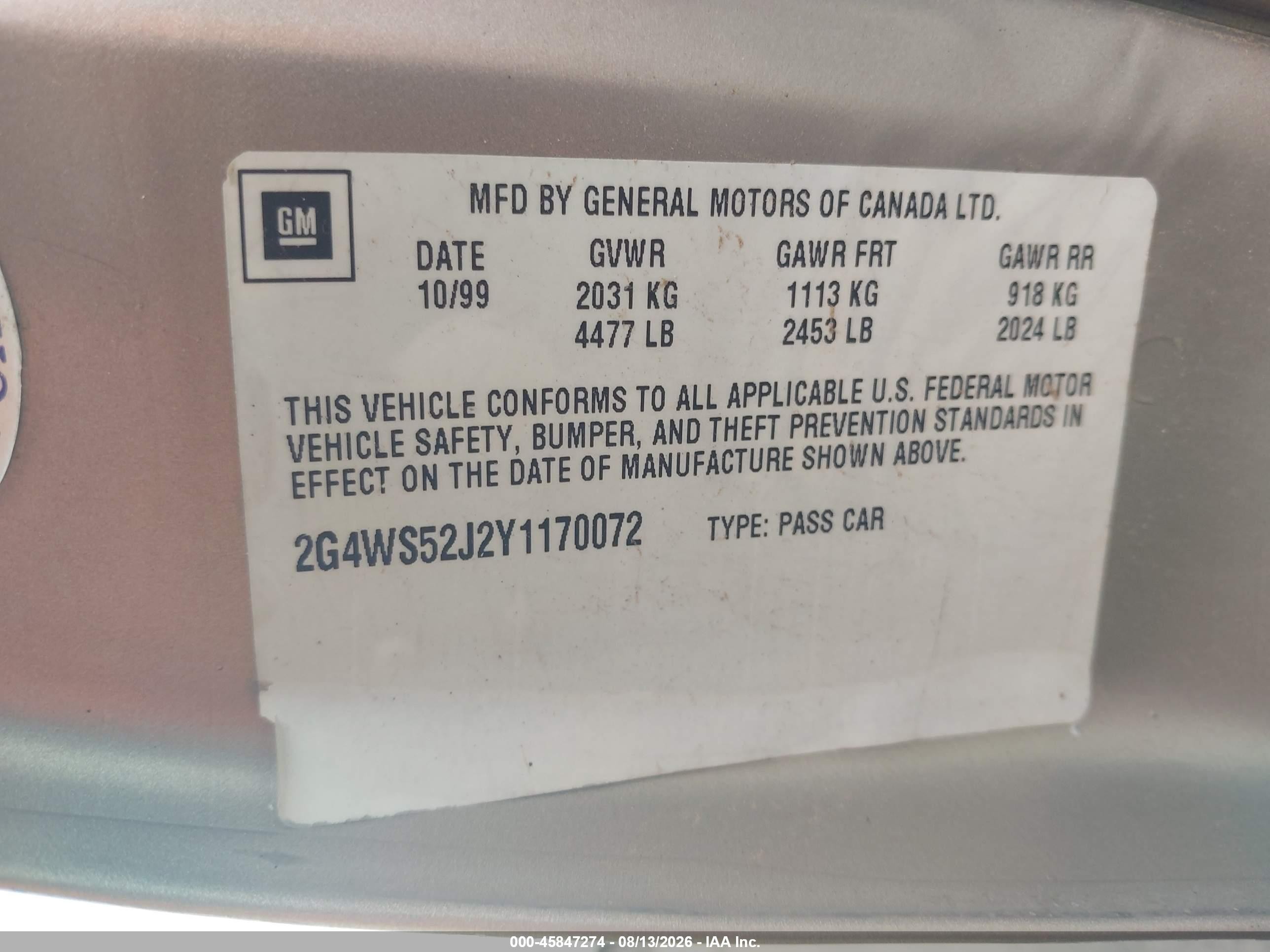 2000 Buick Century Custom Gold vin: 2G4WS52J2Y1170072