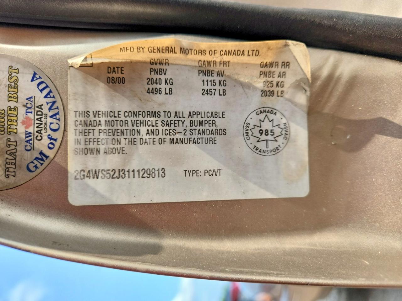 2001 Buick Century Custom Cream vin: 2G4WS52J311129813