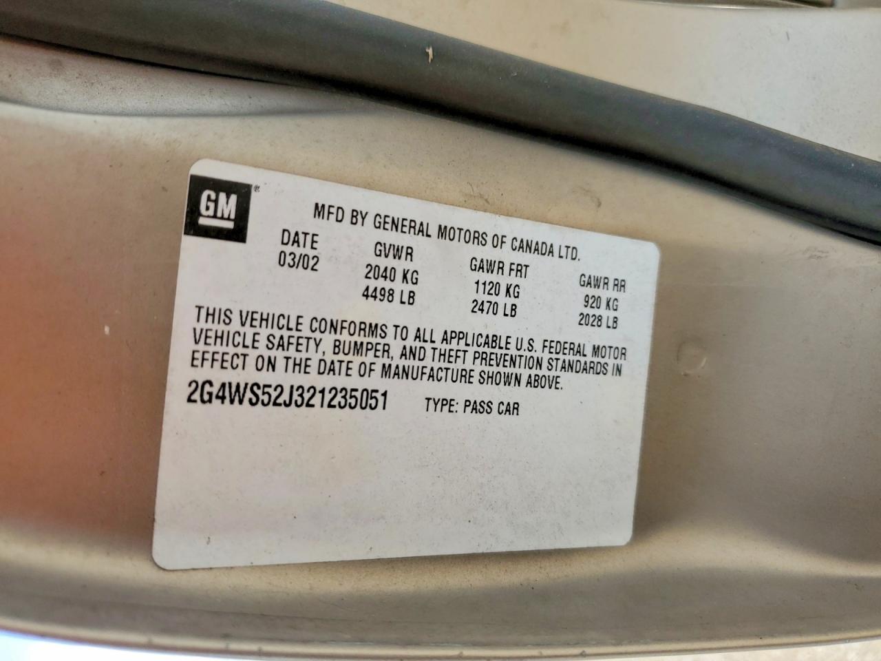 2002 Buick Century Custom Tan vin: 2G4WS52J321235051