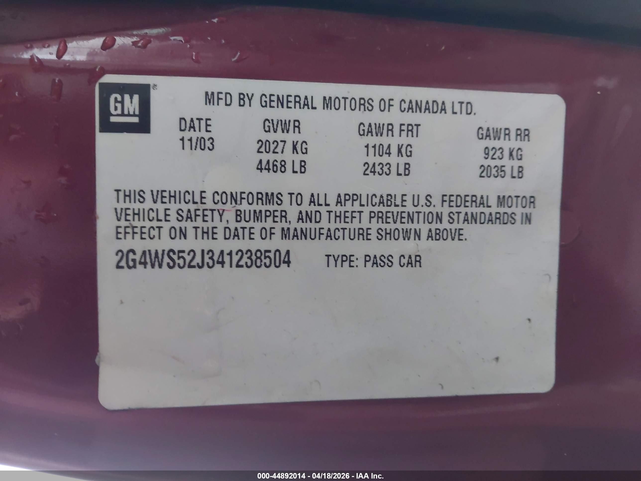 2004 Buick Century   Red vin: 2G4WS52J341238504