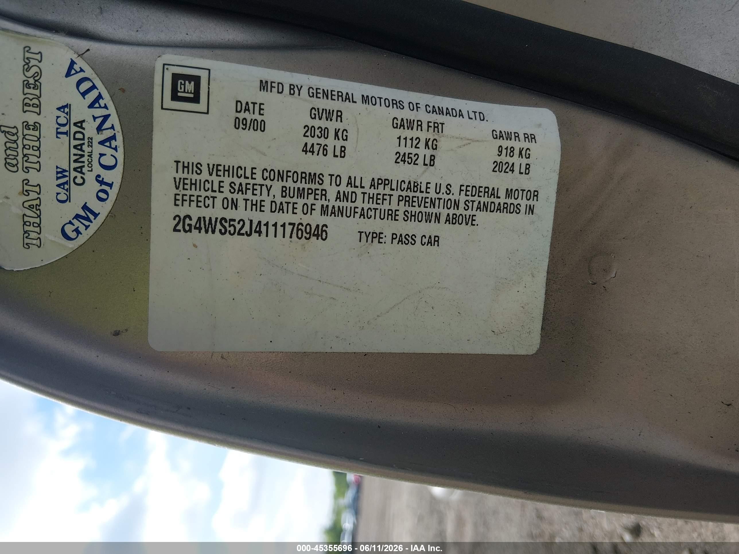 2001 Buick Century Custom Желто-коричневый vin: 2G4WS52J411176946