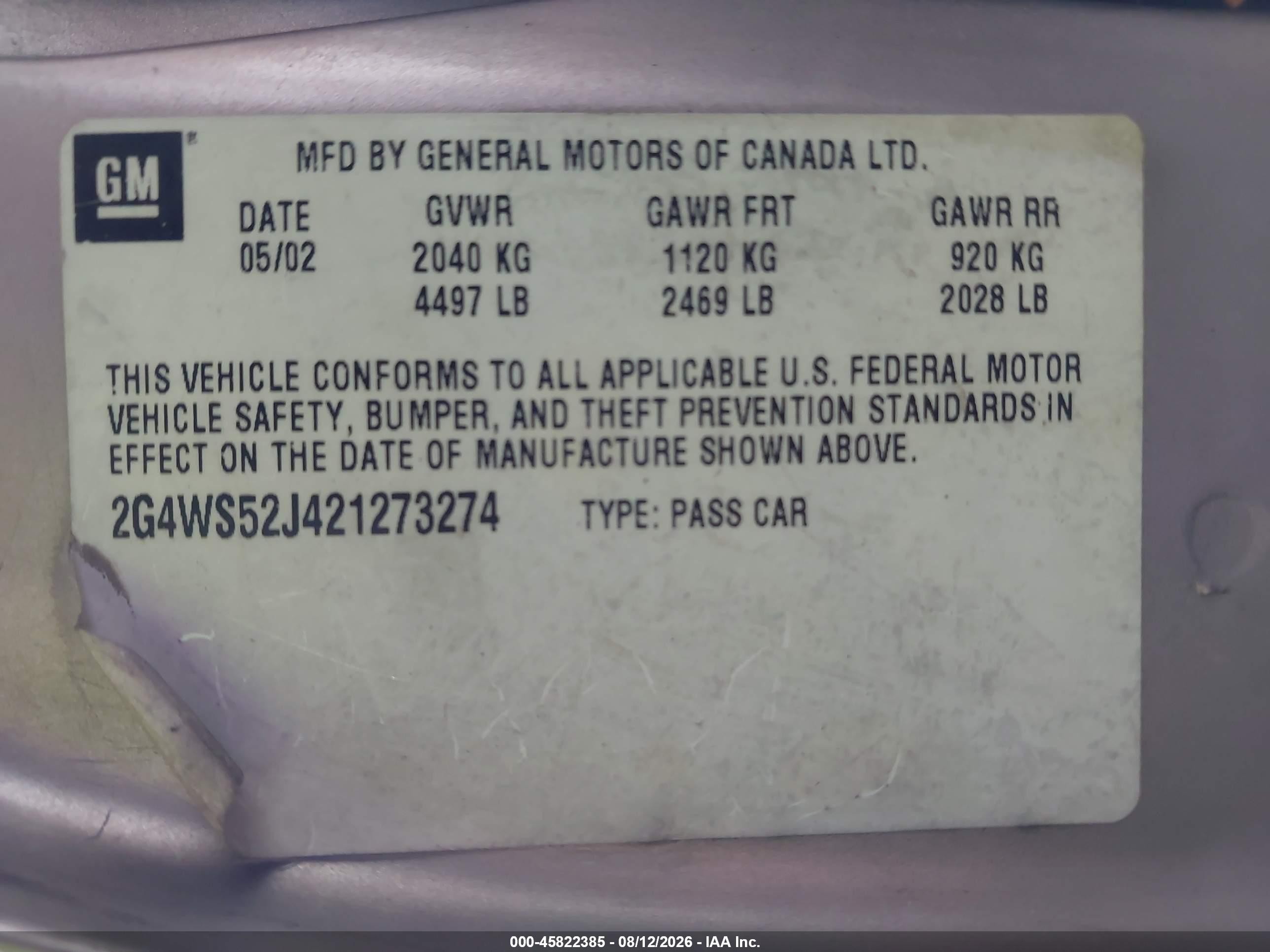 2002 Buick Century Custom Tan vin: 2G4WS52J421273274