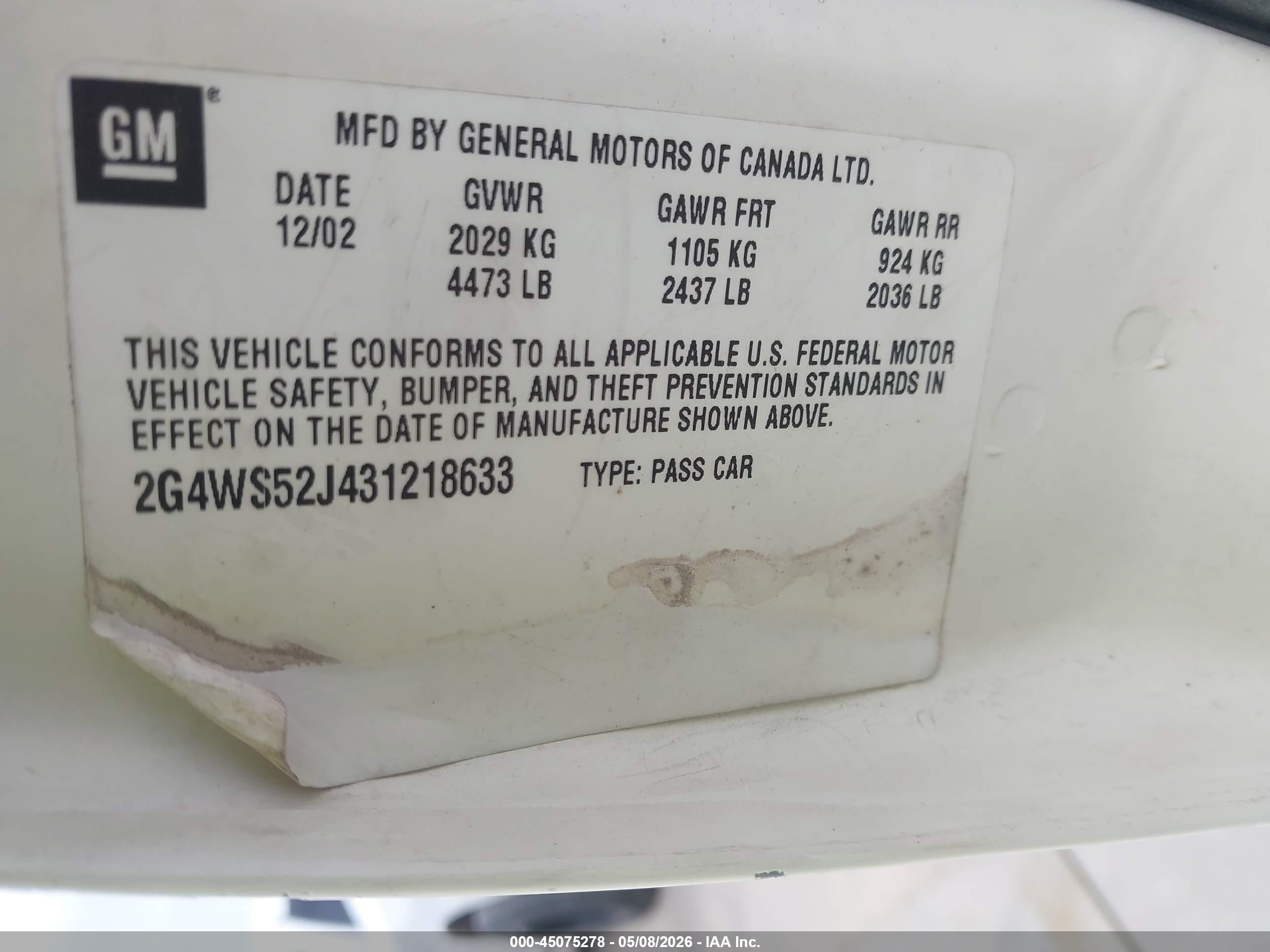 2003 Buick Century Custom White vin: 2G4WS52J431218633