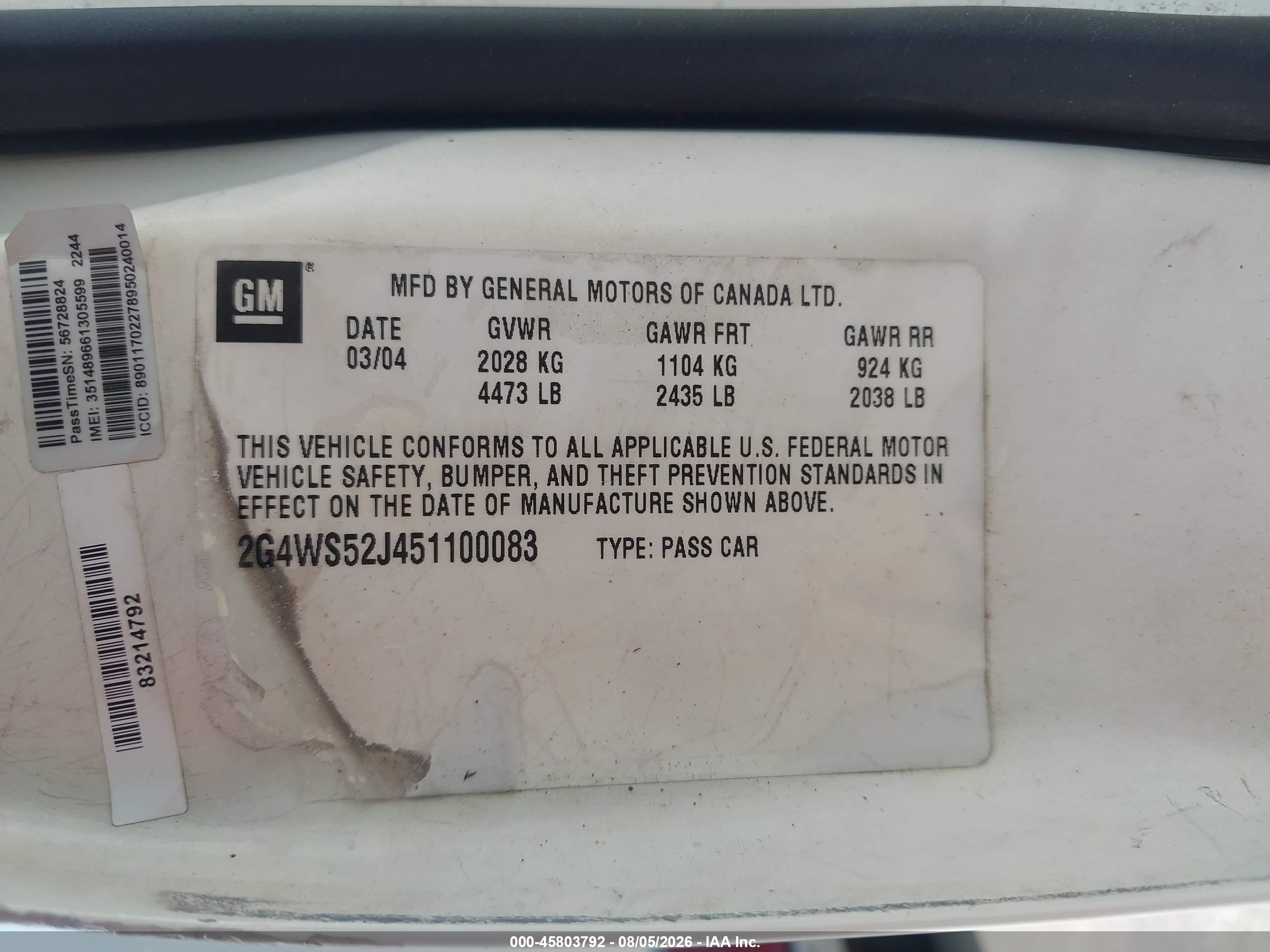 2005 Buick Century   White vin: 2G4WS52J451100083