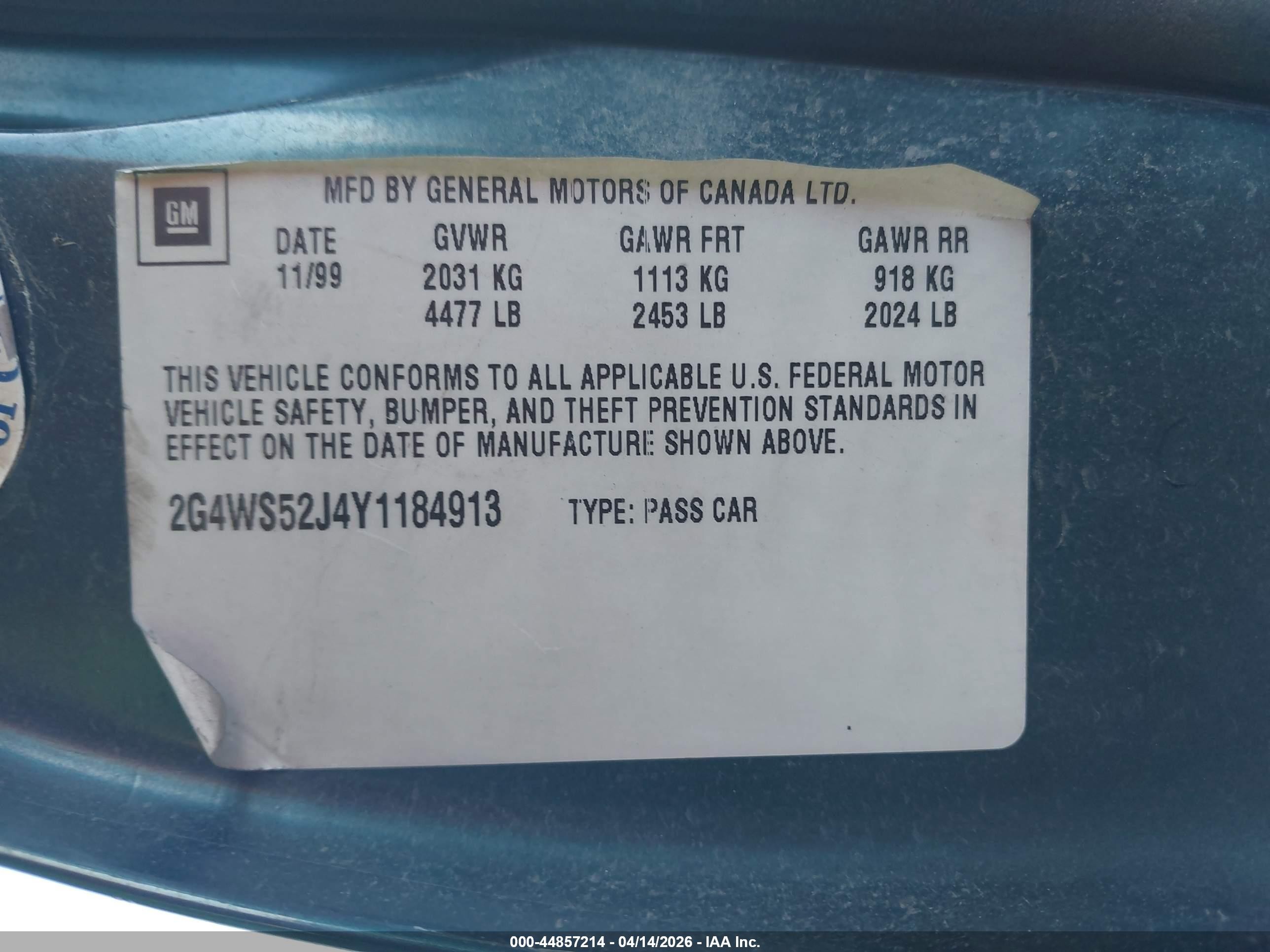 2000 Buick Century Custom Green vin: 2G4WS52J4Y1184913