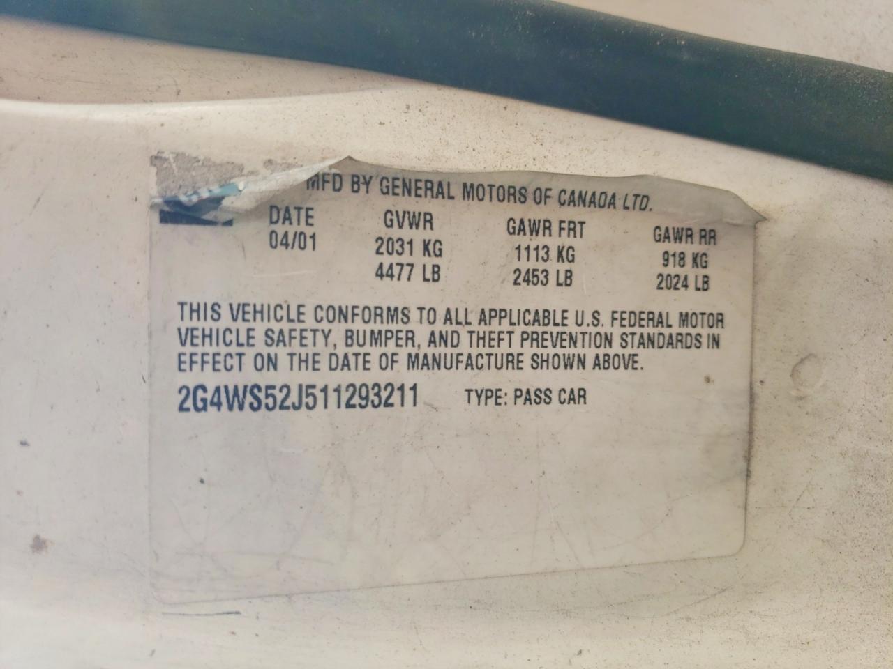 2001 Buick Century White vin: 2G4WS52J511293211