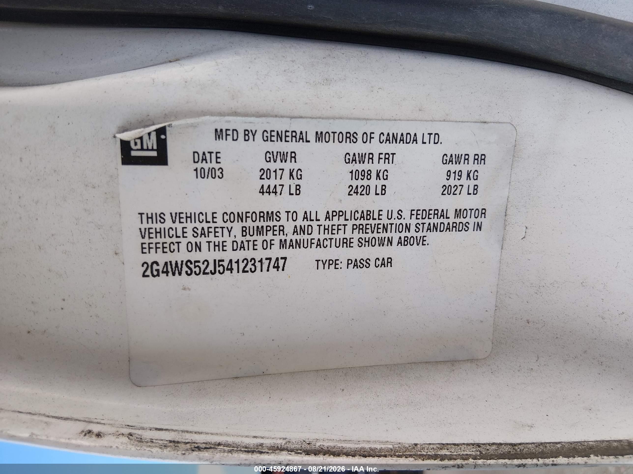 2004 Buick Century Белый vin: 2G4WS52J541231747