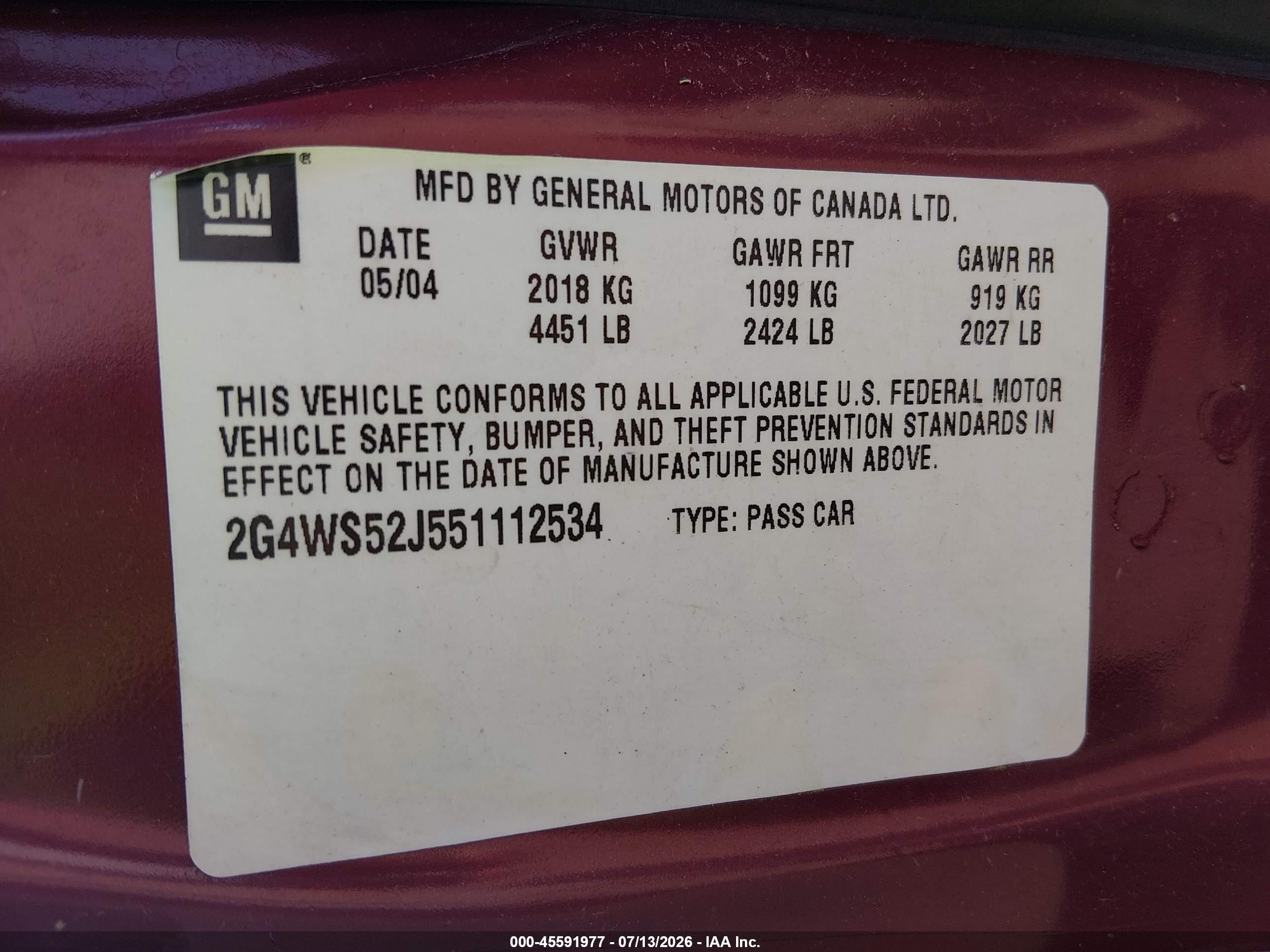 2005 Buick Century   Red vin: 2G4WS52J551112534