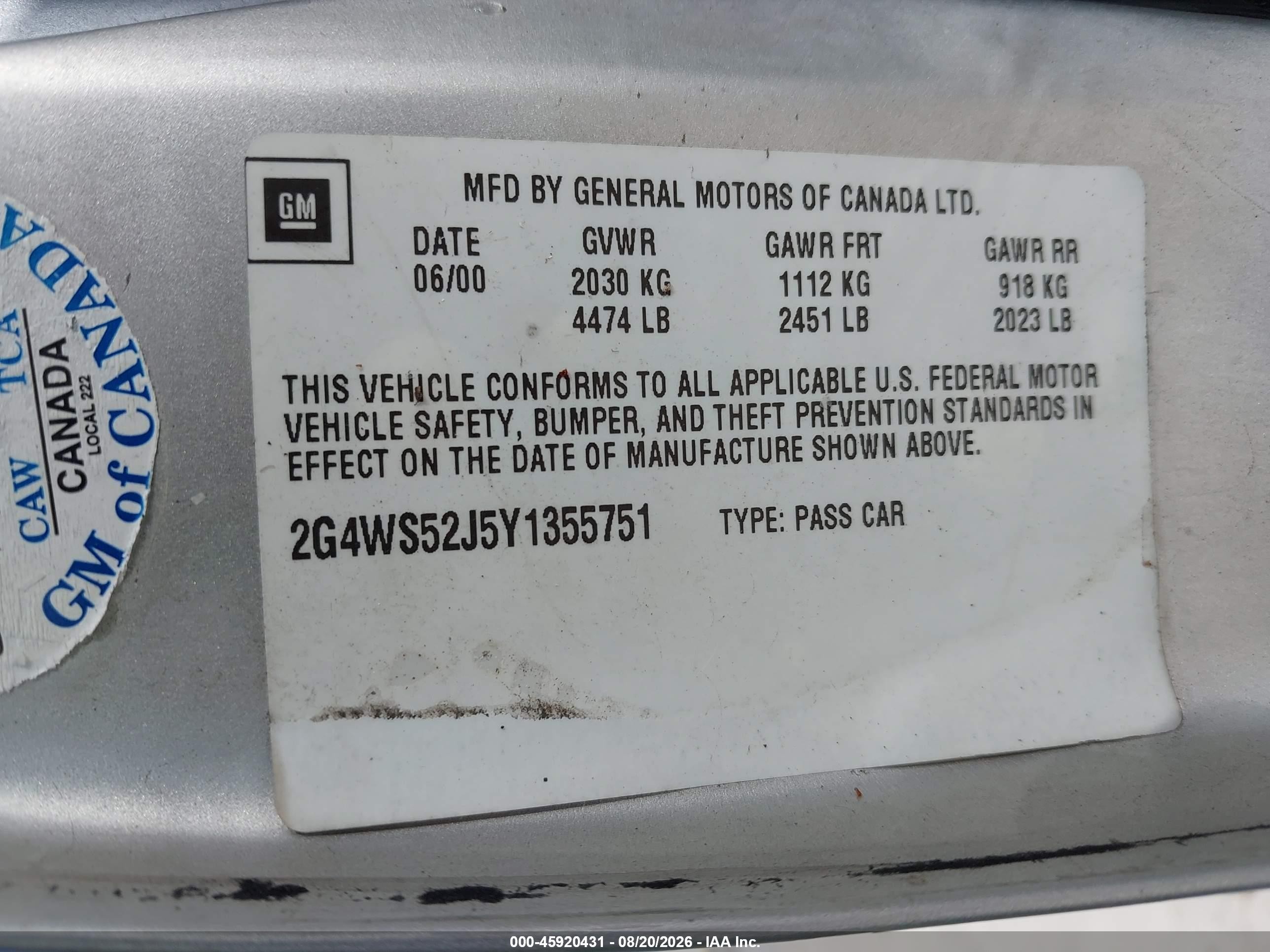 2000 Buick Century Custom Silver vin: 2G4WS52J5Y1355751