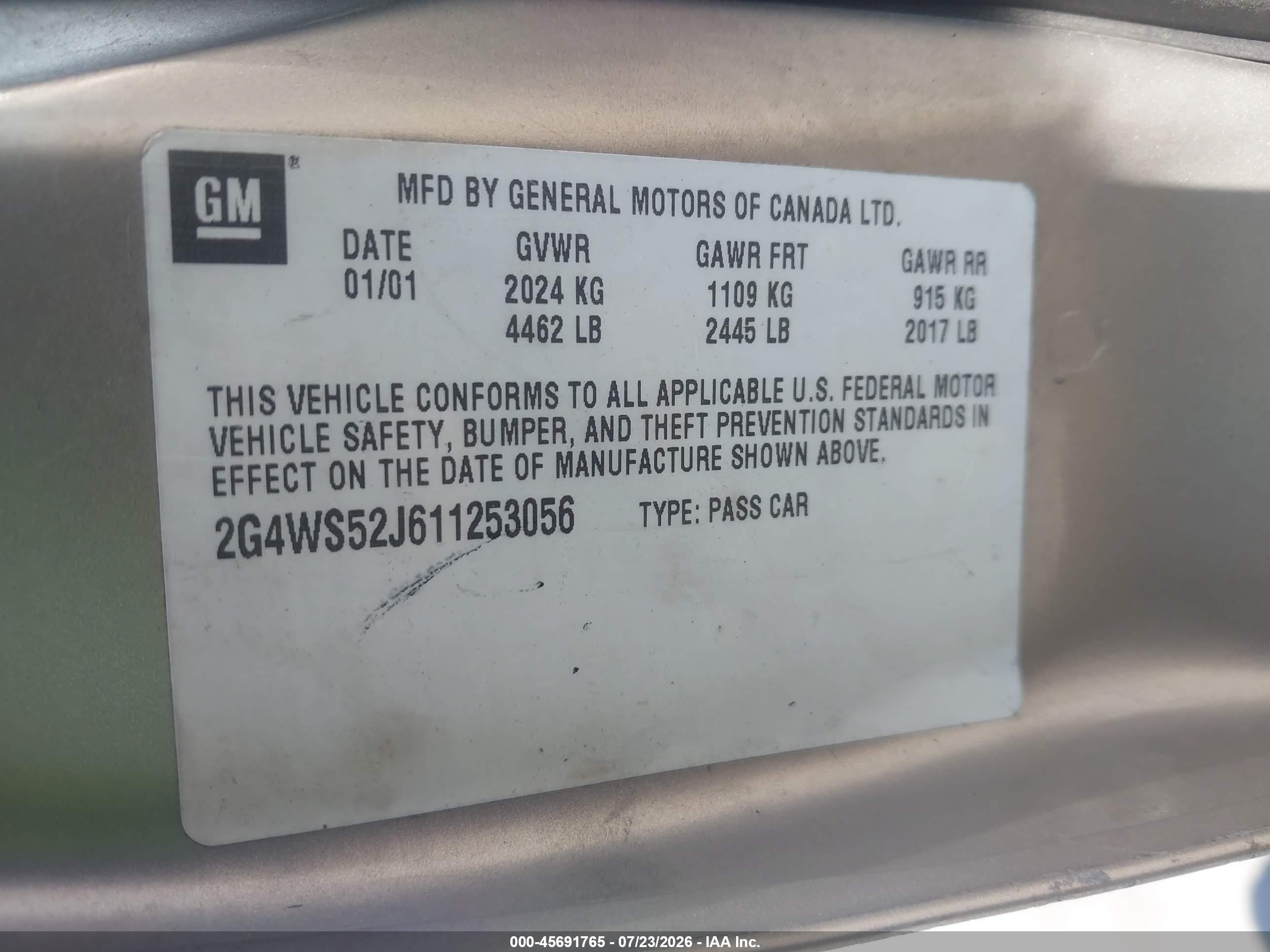 2001 Buick Century Custom Tan vin: 2G4WS52J611253056