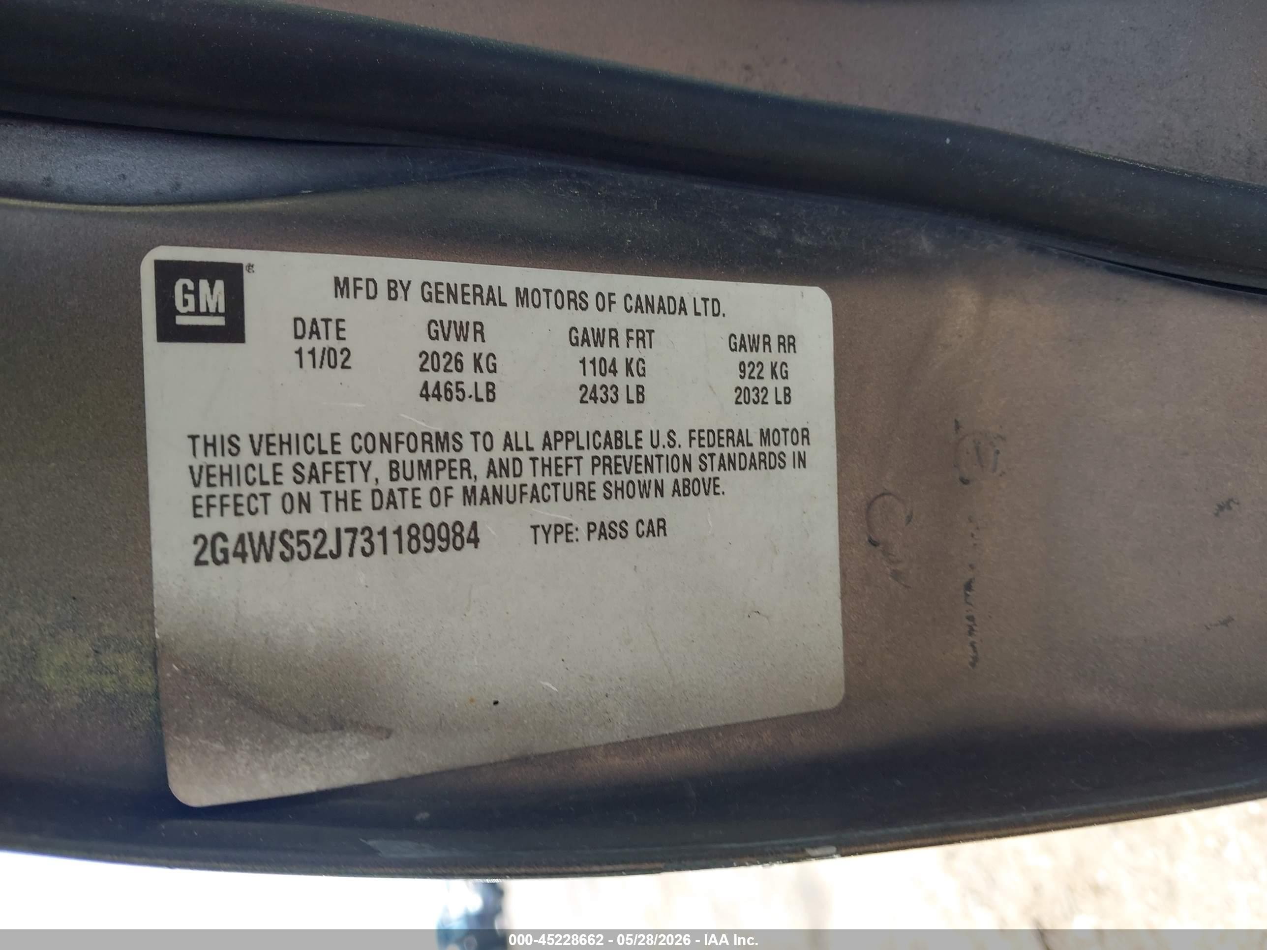 2003 Buick Century Custom Beige vin: 2G4WS52J731189984