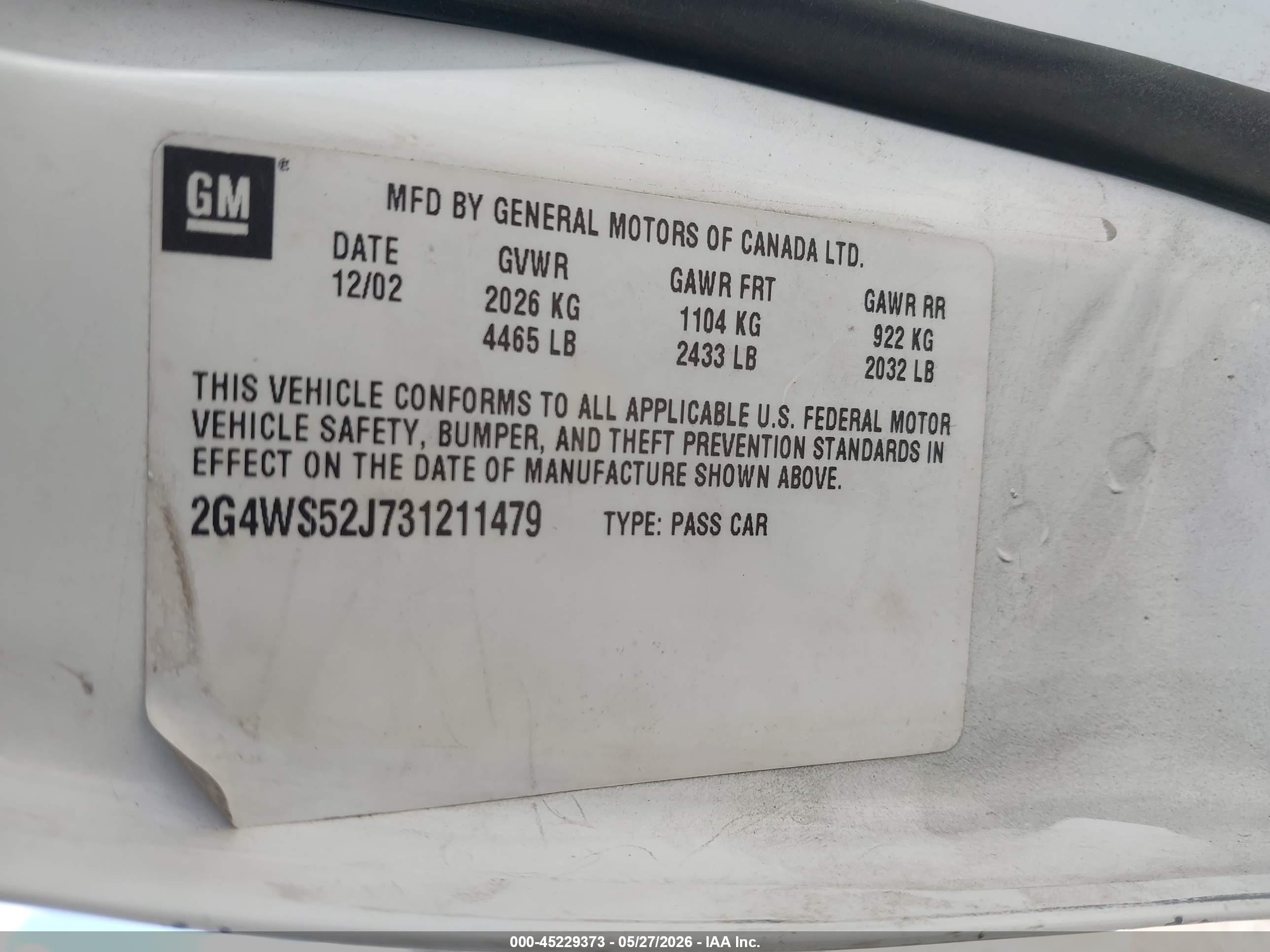 2003 Buick Century Custom White vin: 2G4WS52J731211479