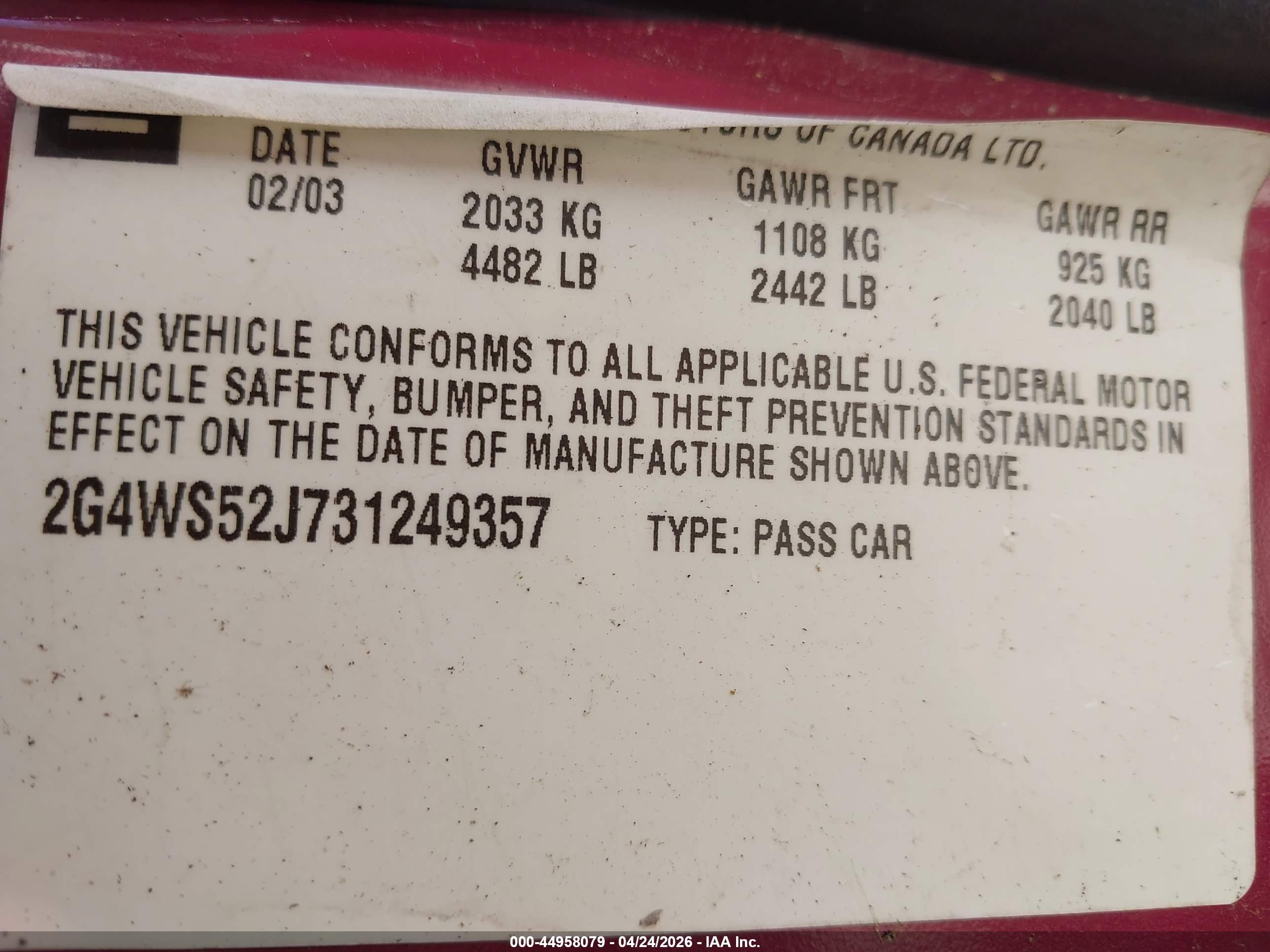 2003 Buick Century Custom Red vin: 2G4WS52J731249357