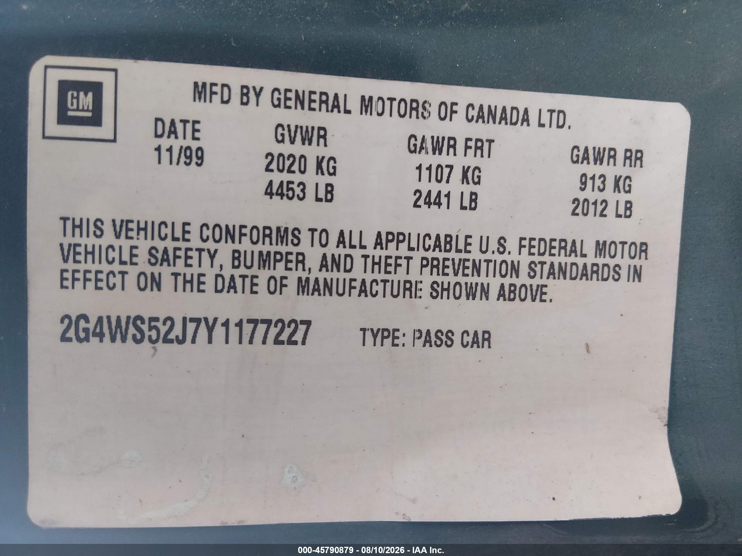 2000 Buick Century Custom Green vin: 2G4WS52J7Y1177227