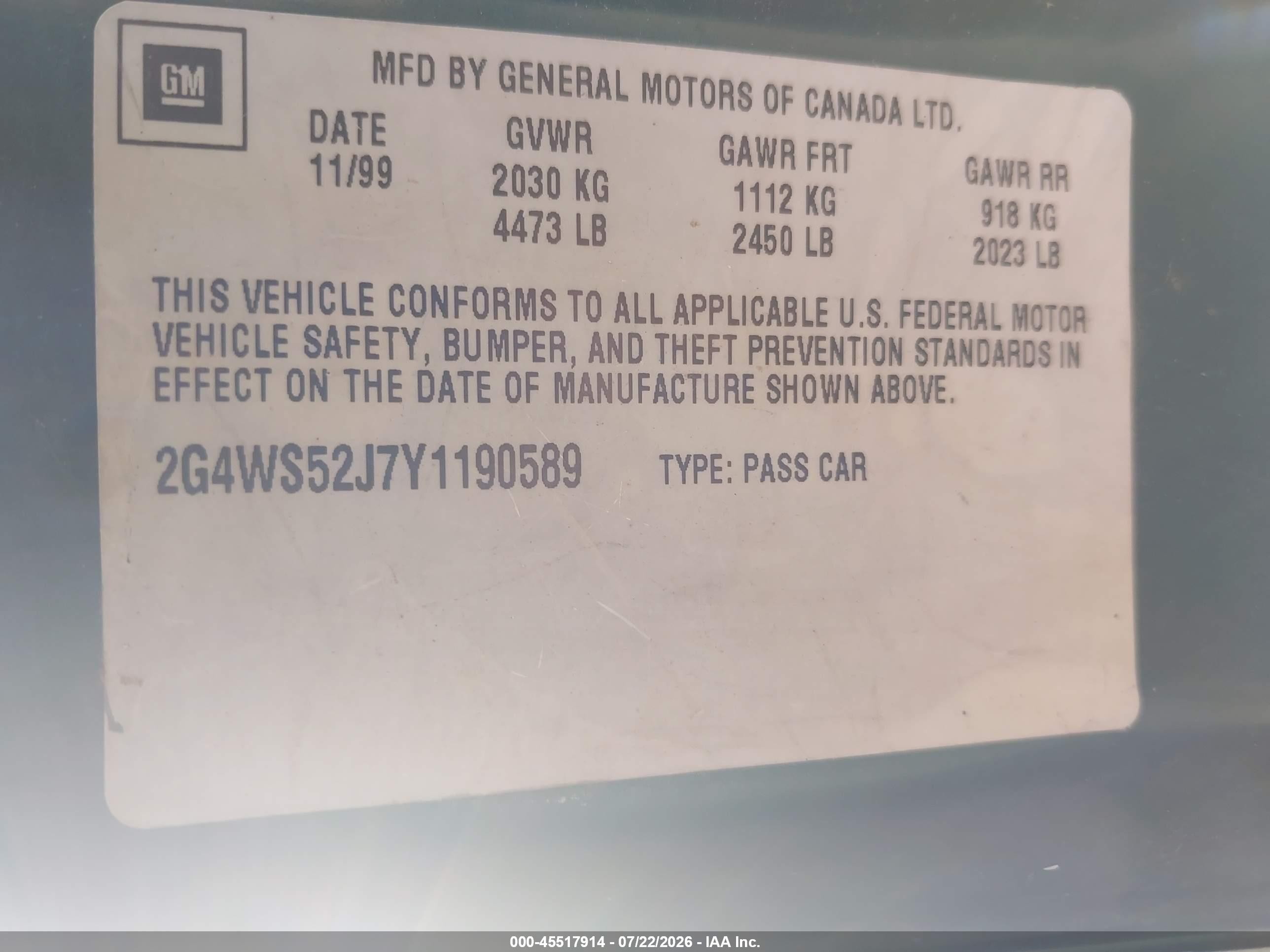 2000 Buick Century Custom Green vin: 2G4WS52J7Y1190589