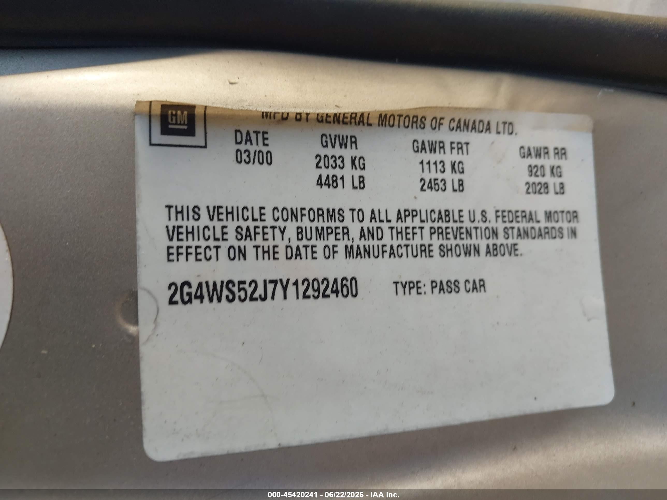 2000 Buick Century Custom Beige vin: 2G4WS52J7Y1292460