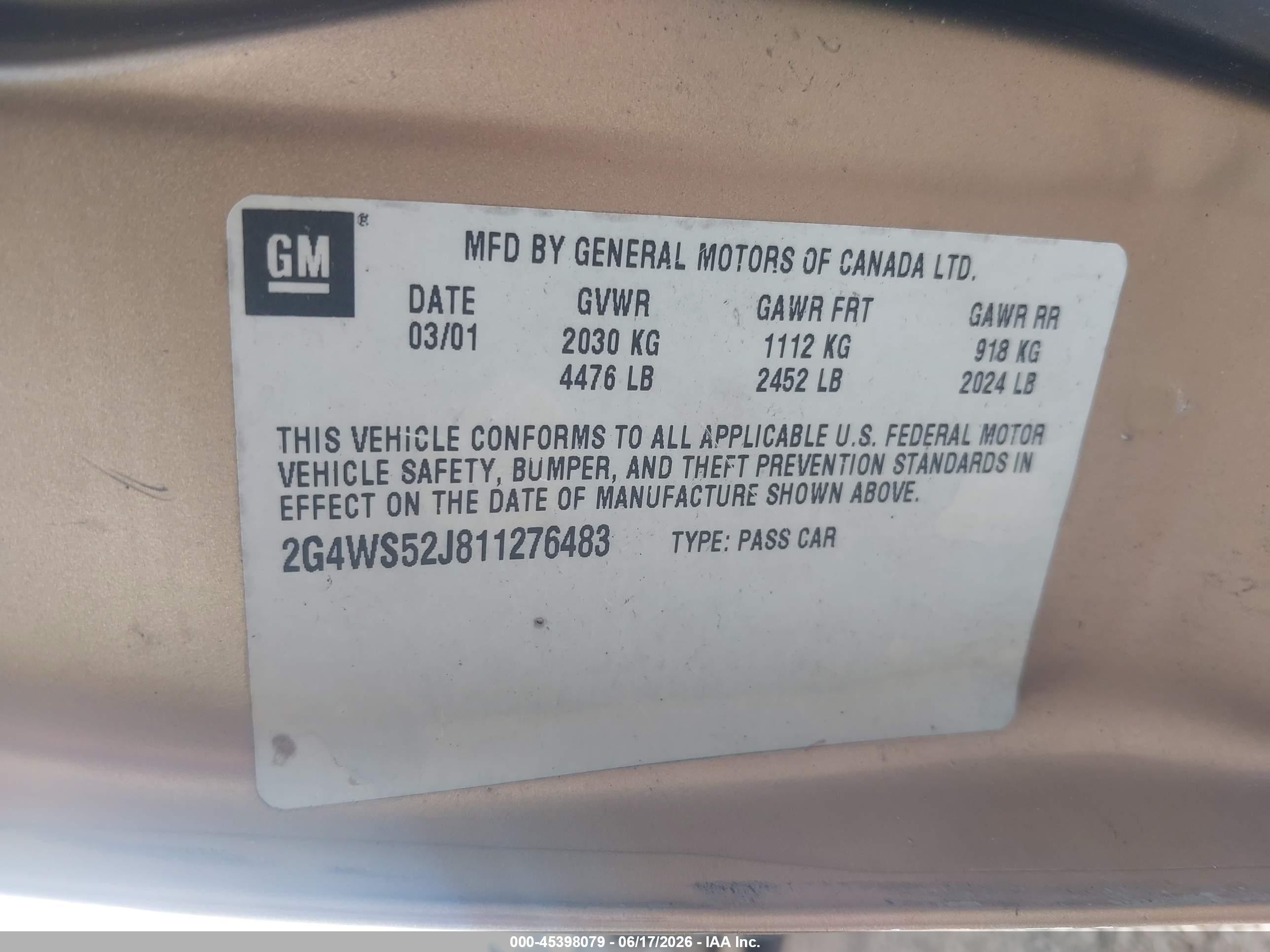 2001 Buick Century Custom Dark Brown vin: 2G4WS52J811276483