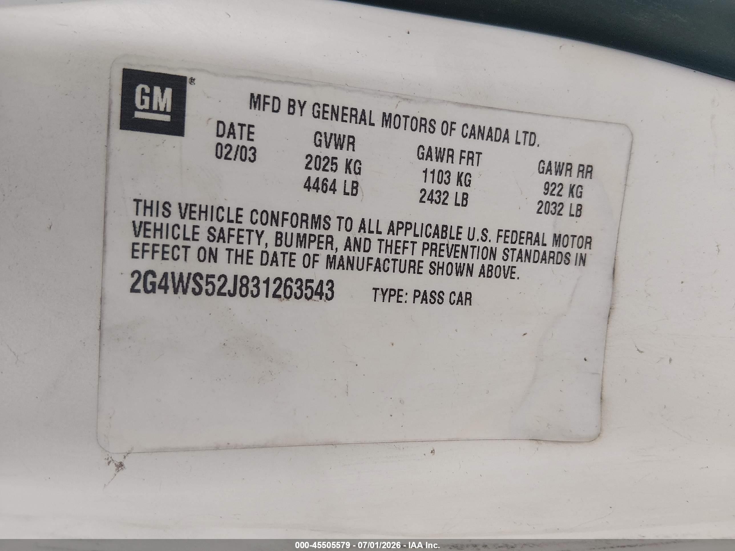 2003 Buick Century Custom White vin: 2G4WS52J831263543