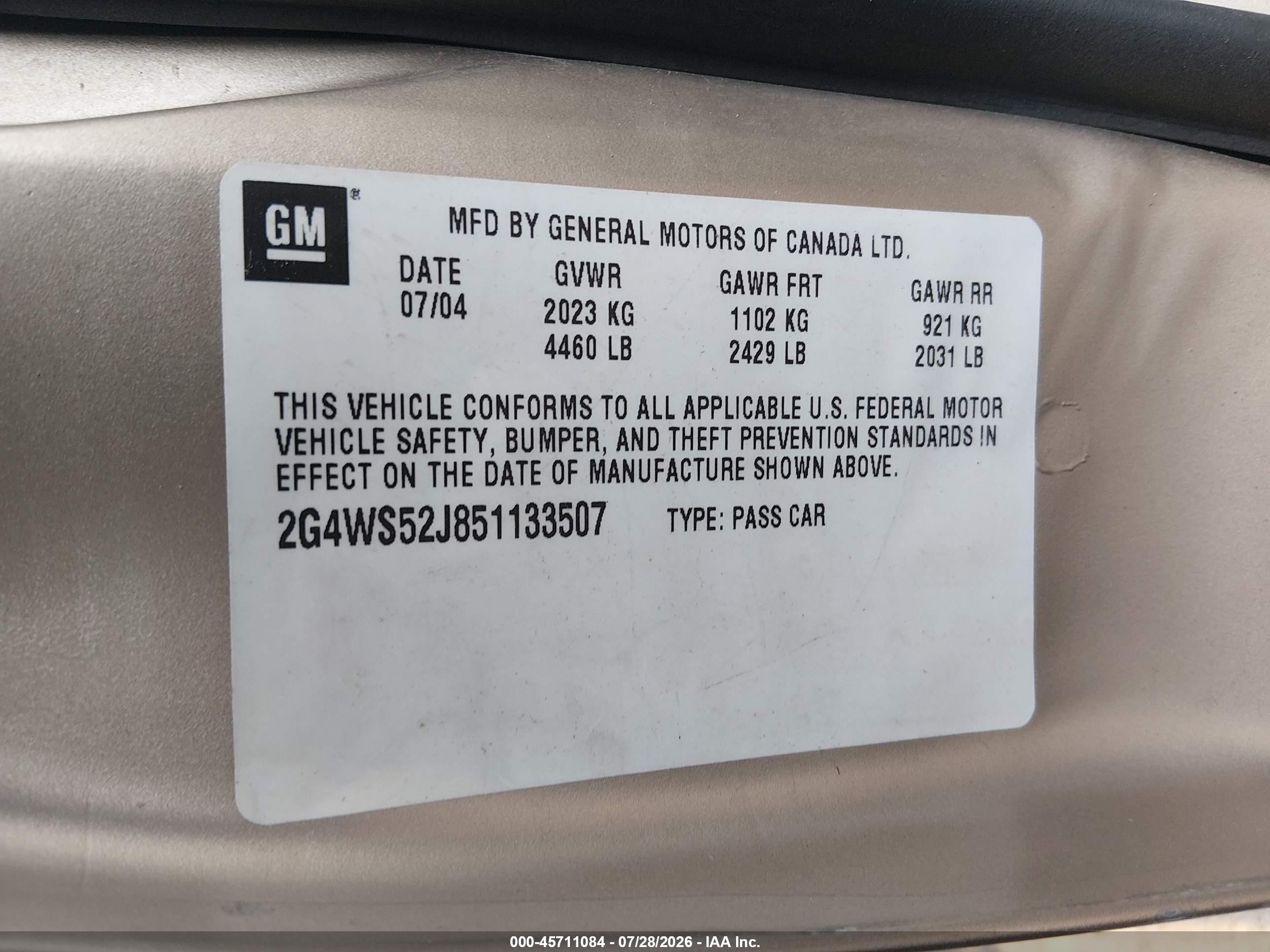 2005 Buick Century   Tan vin: 2G4WS52J851133507