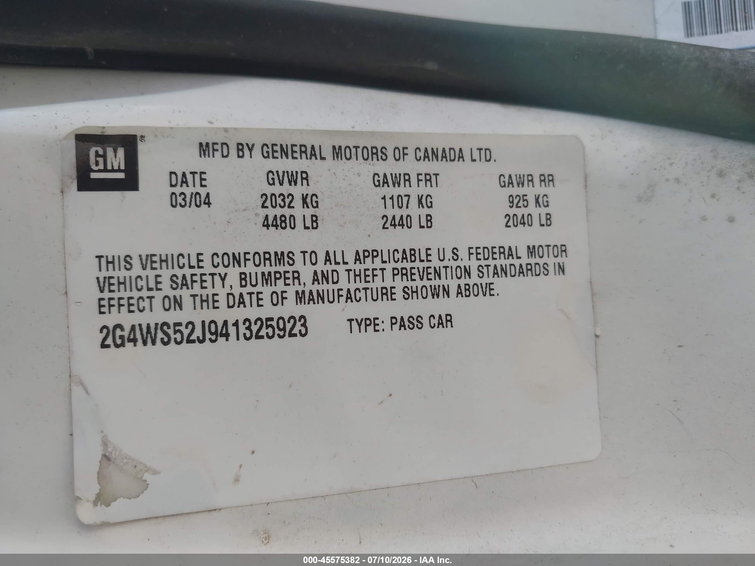 2004 Buick Century   White vin: 2G4WS52J941325923