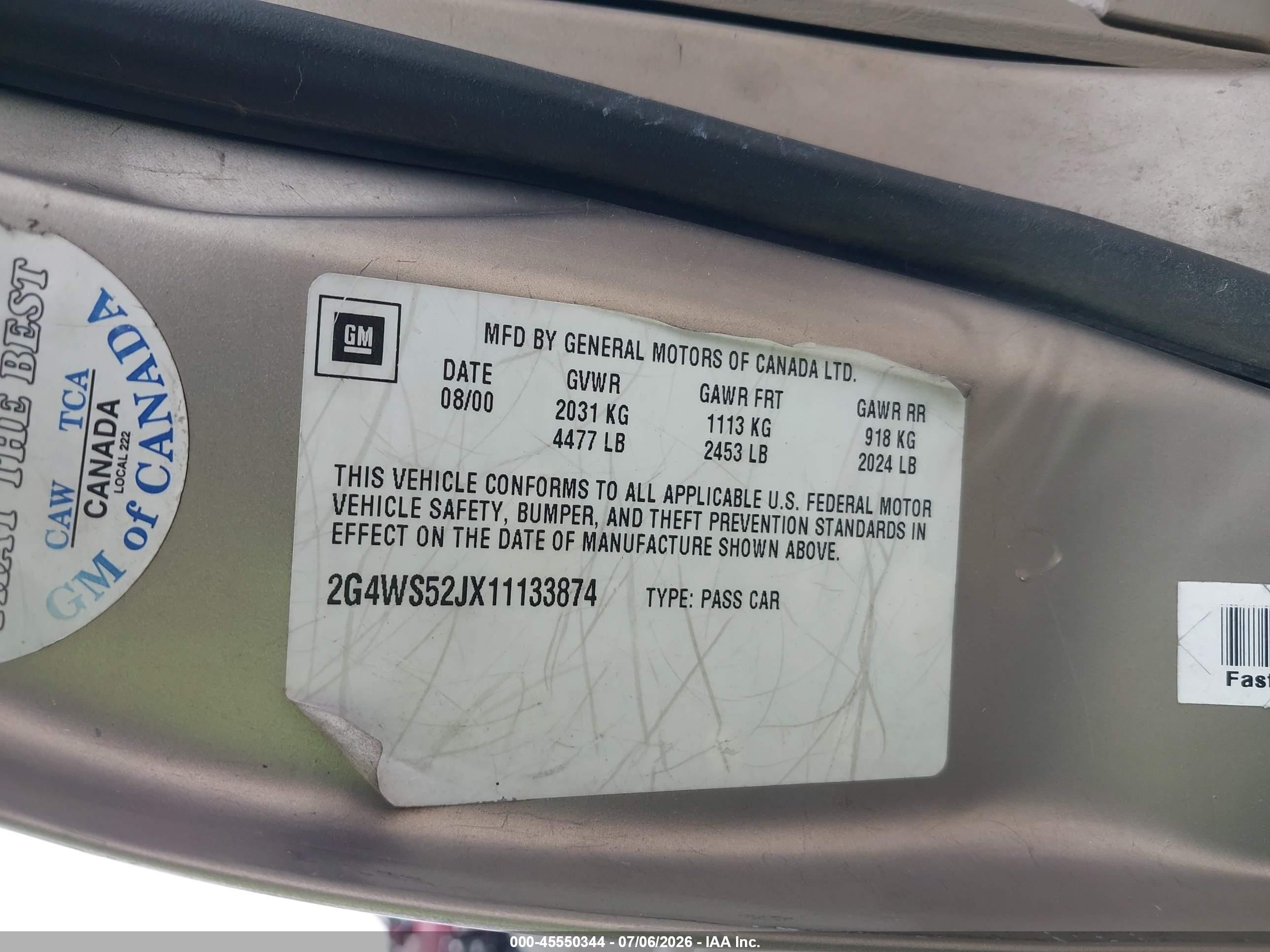 2001 Buick Century Custom Tan vin: 2G4WS52JX11133874