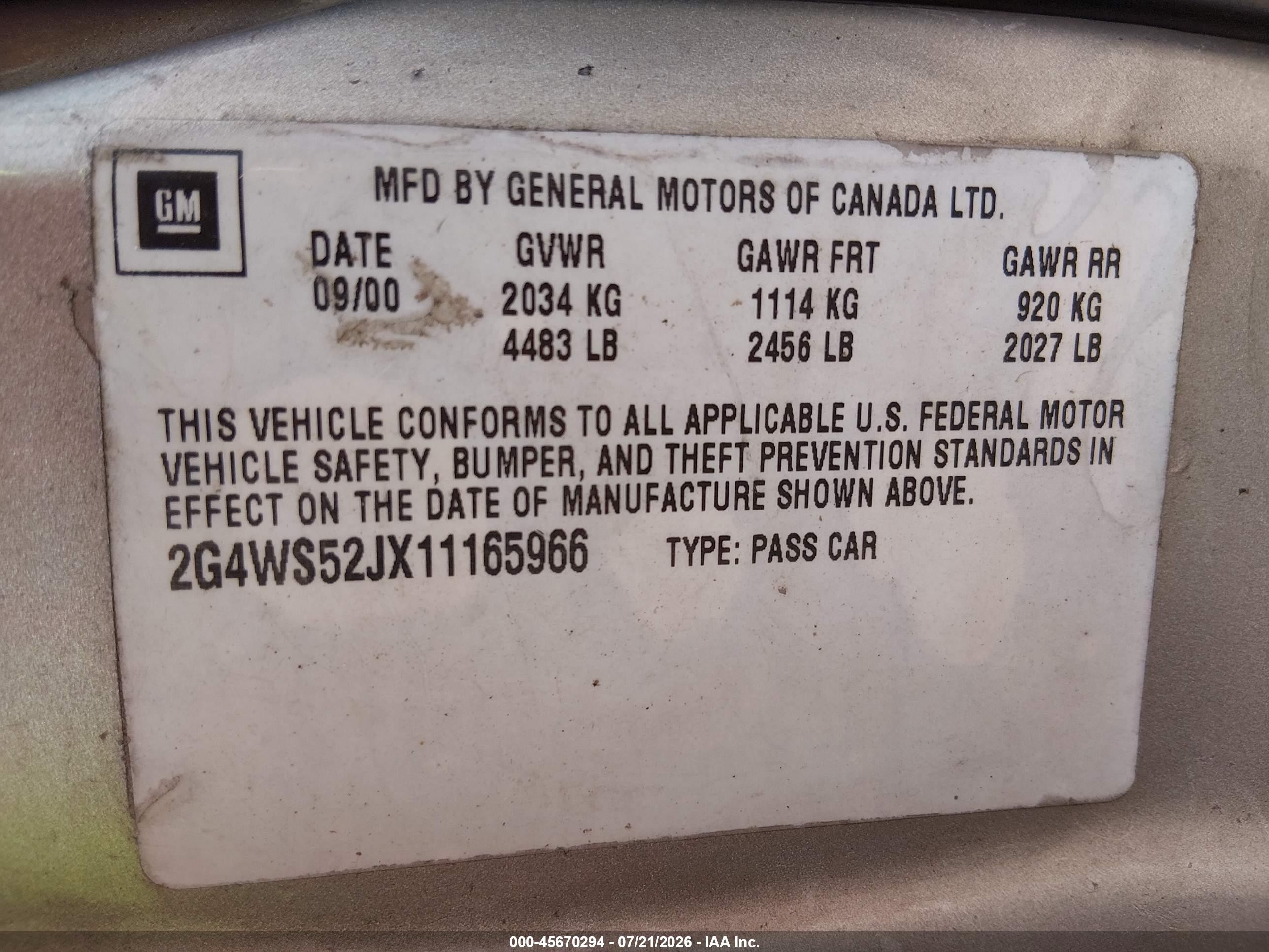 2001 Buick Century Custom Tan vin: 2G4WS52JX11165966