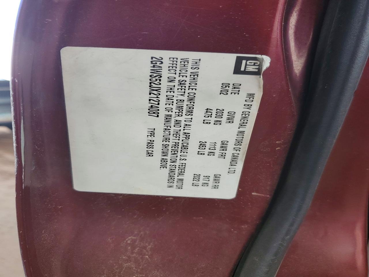 2002 Buick Century Custom Burgundy vin: 2G4WS52JX21274087