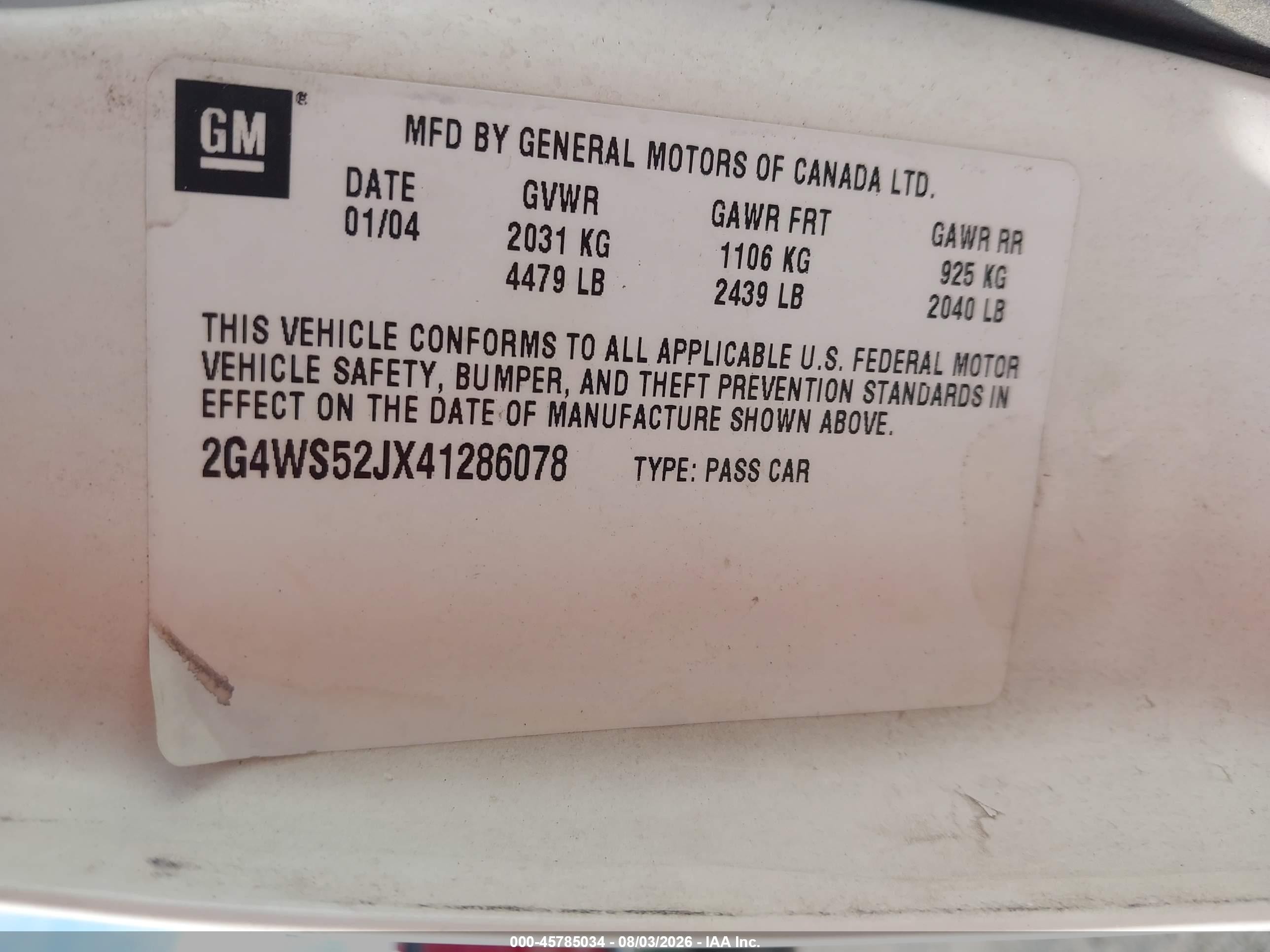 2004 Buick Century   White vin: 2G4WS52JX41286078