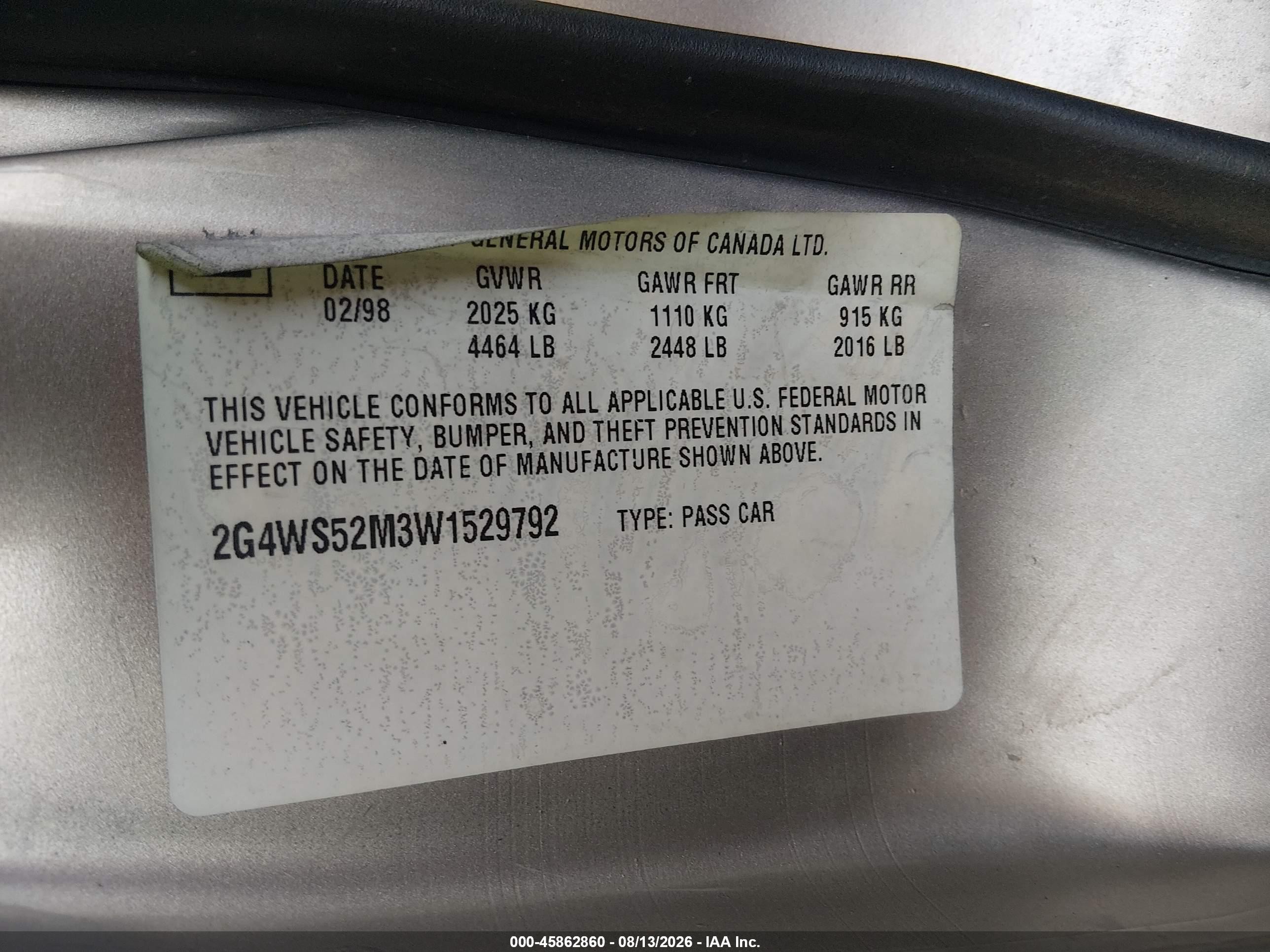 1998 Buick Century Custom Золотой vin: 2G4WS52M3W1529792