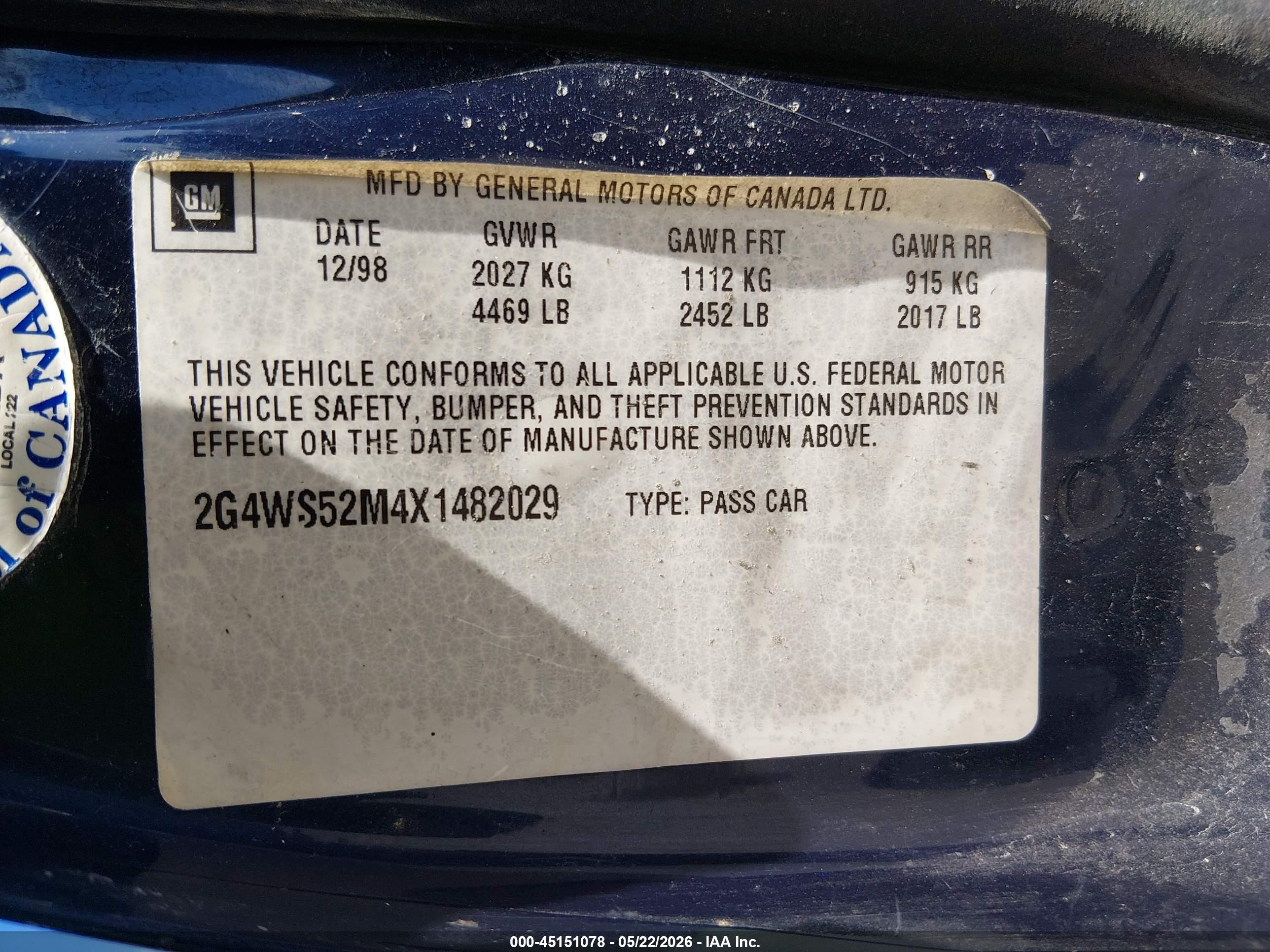 1999 Buick Century Custom Dark Blue vin: 2G4WS52M4X1482029