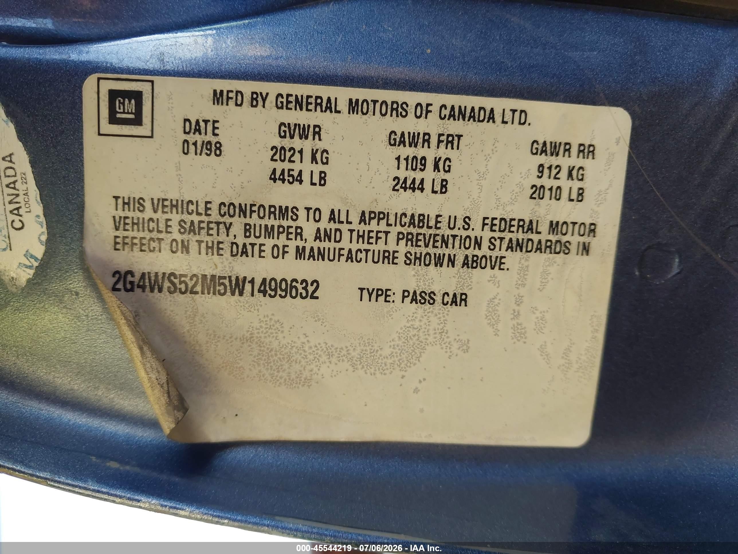 1998 Buick Century Custom Blue vin: 2G4WS52M5W1499632