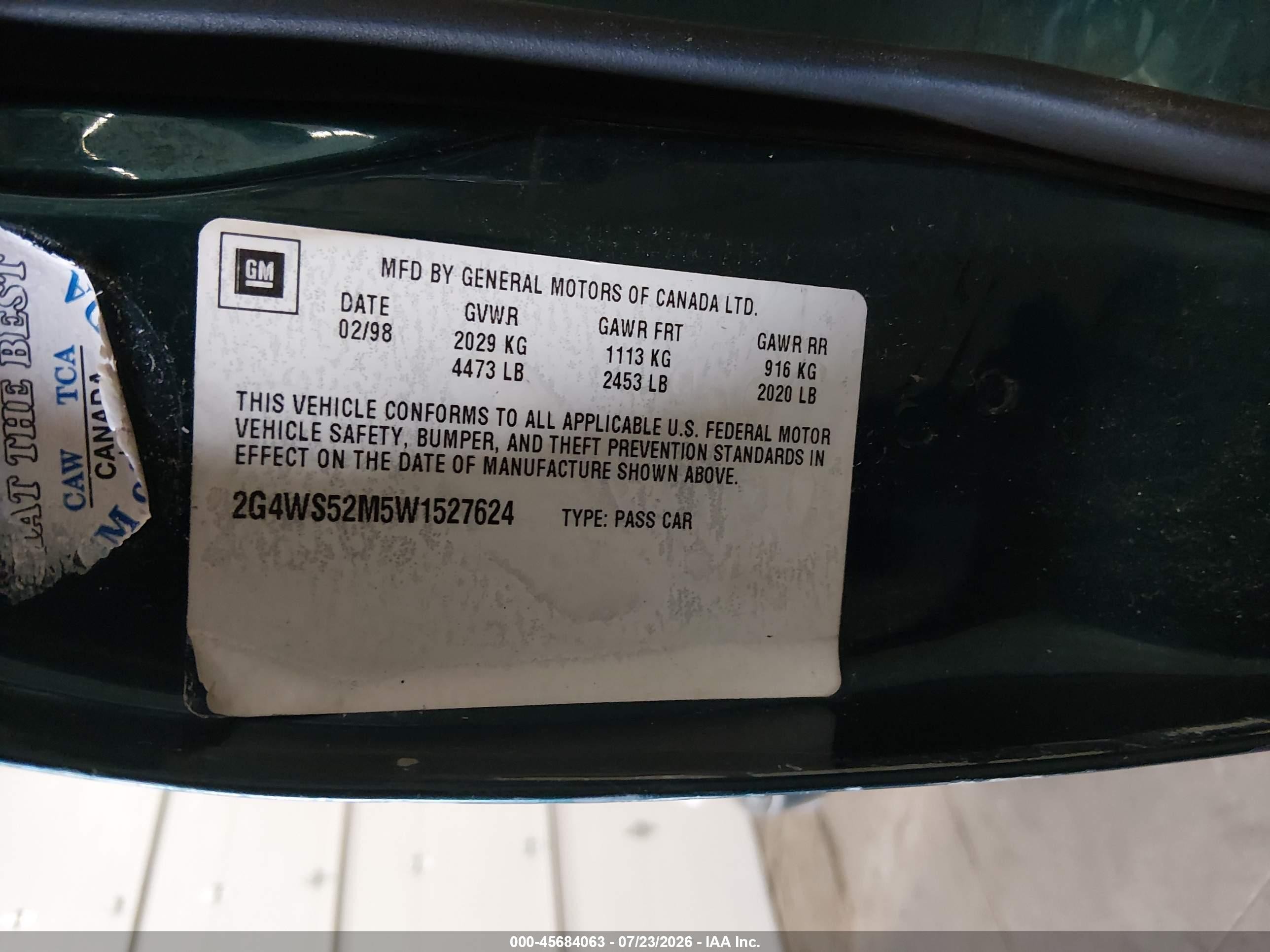 1998 Buick Century Custom Green vin: 2G4WS52M5W1527624