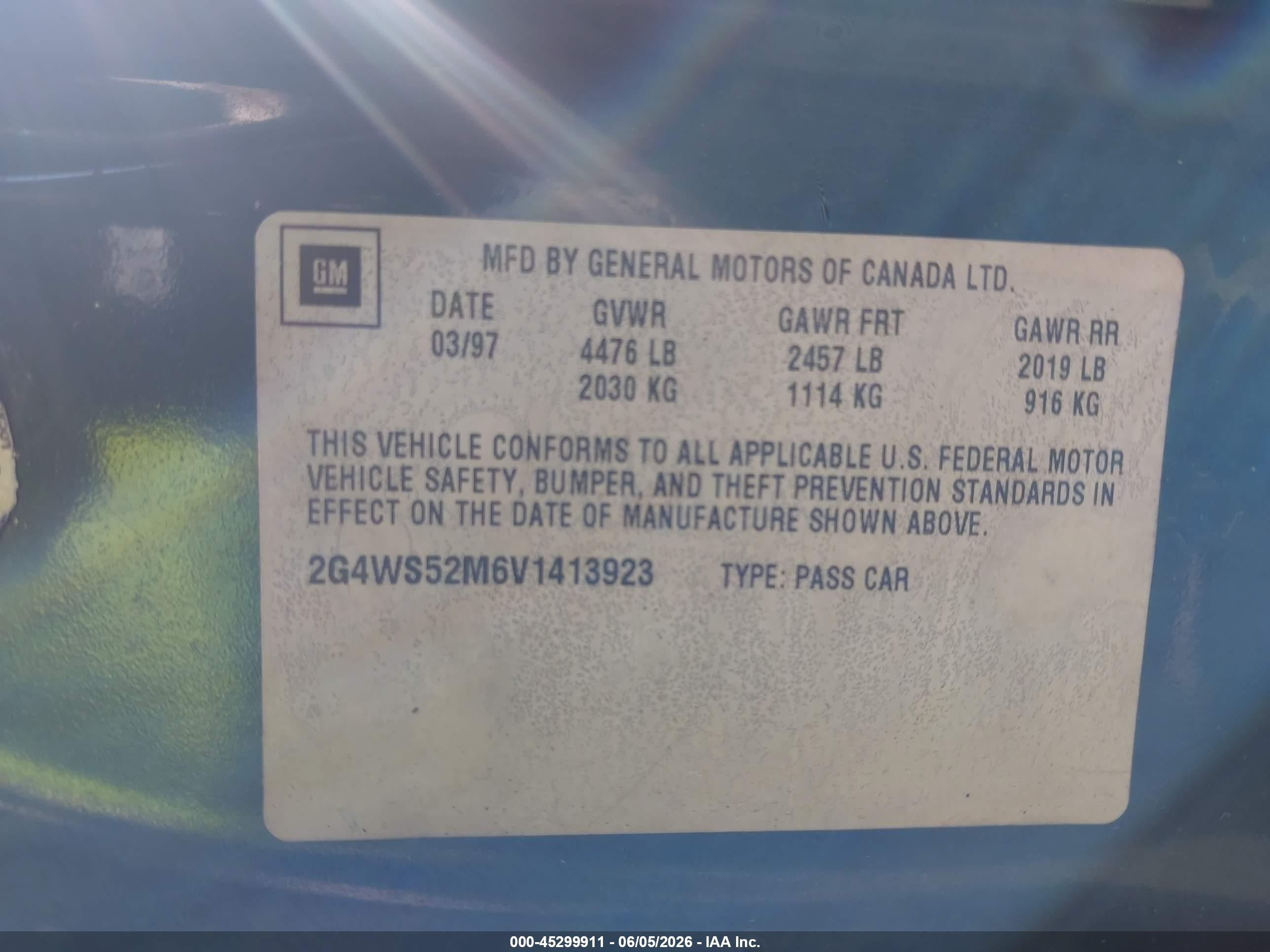 1997 Buick Century Custom Cmi Green vin: 2G4WS52M6V1413923