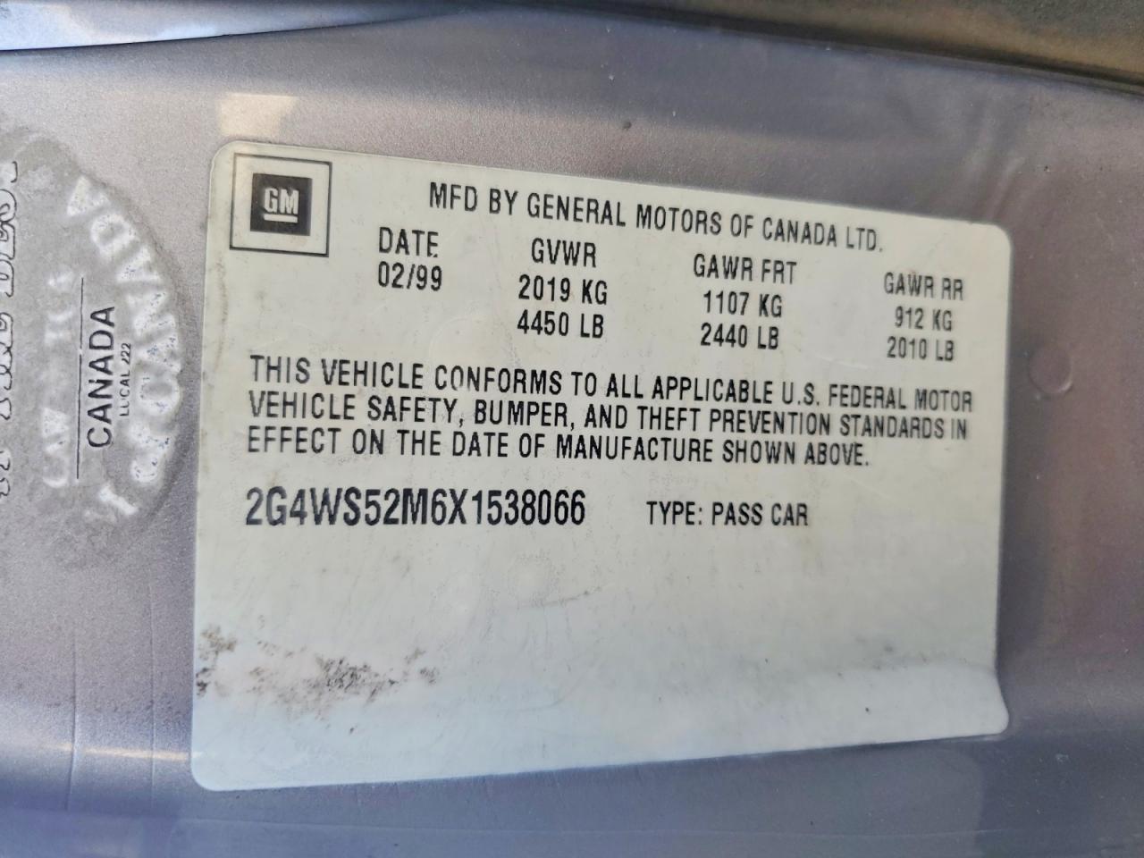 1999 Buick Century Custom Gray vin: 2G4WS52M6X1538066