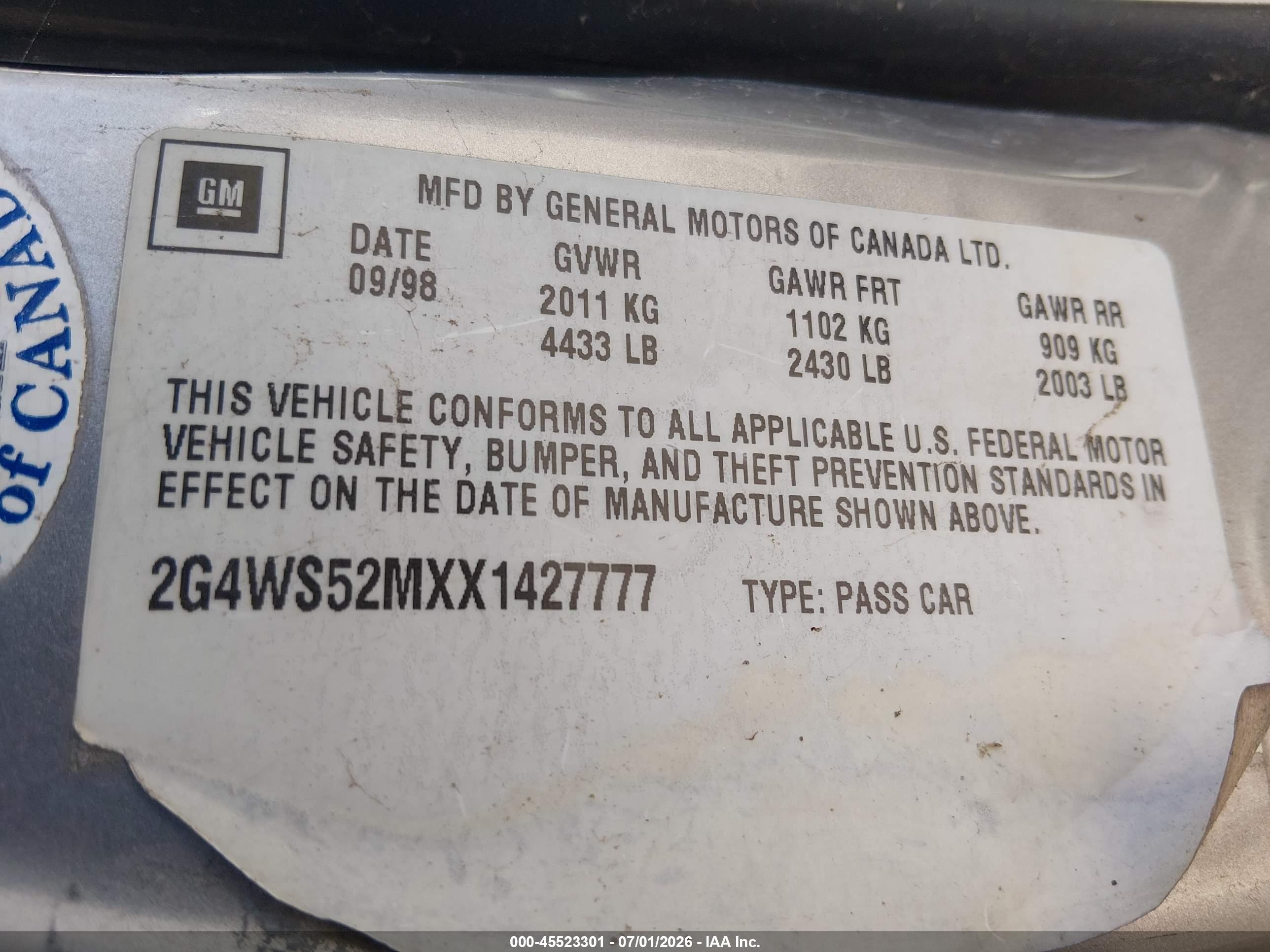 1999 Buick Century Custom Tan vin: 2G4WS52MXX1427777