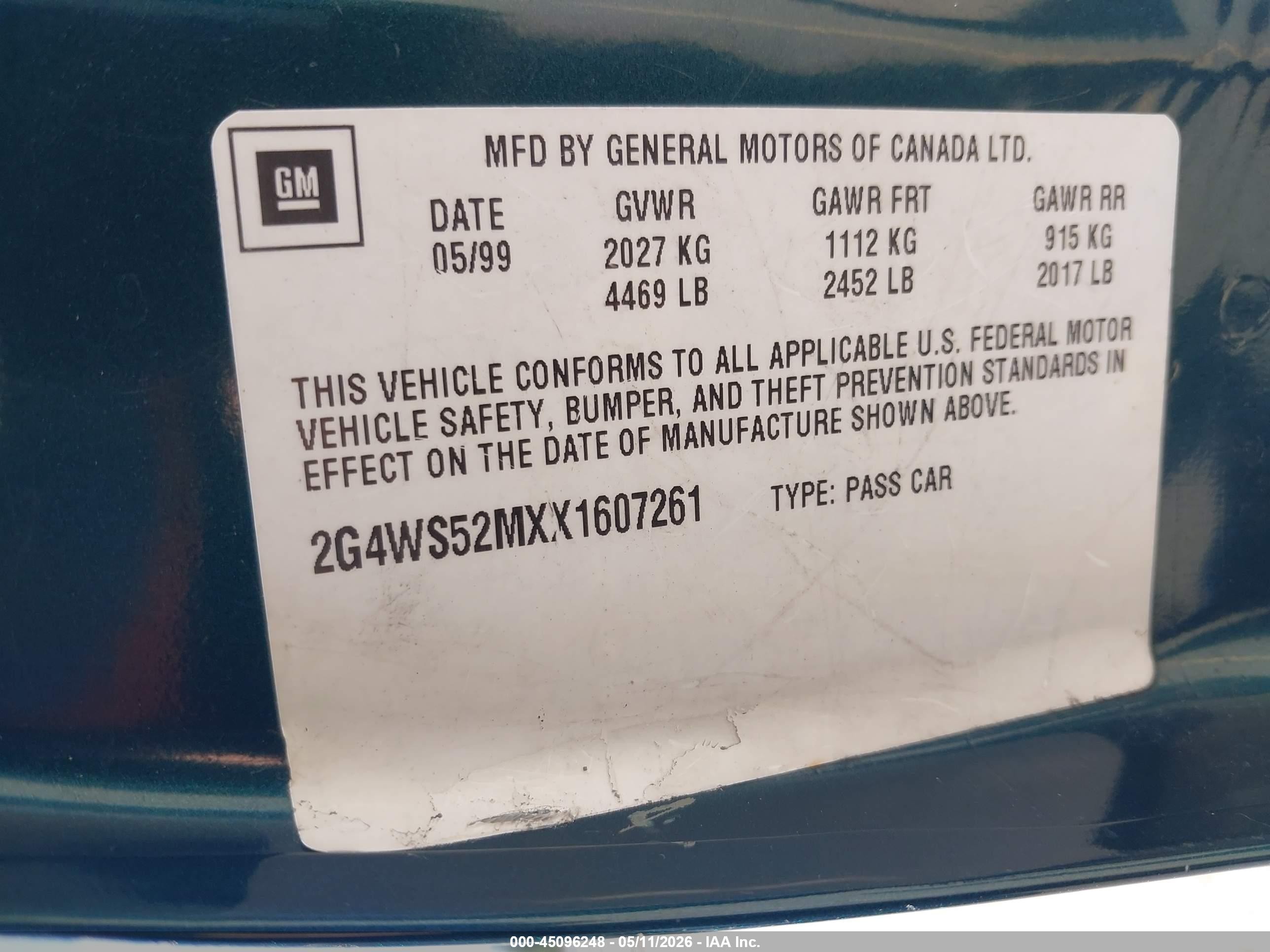 1999 Buick Century Custom Green vin: 2G4WS52MXX1607261