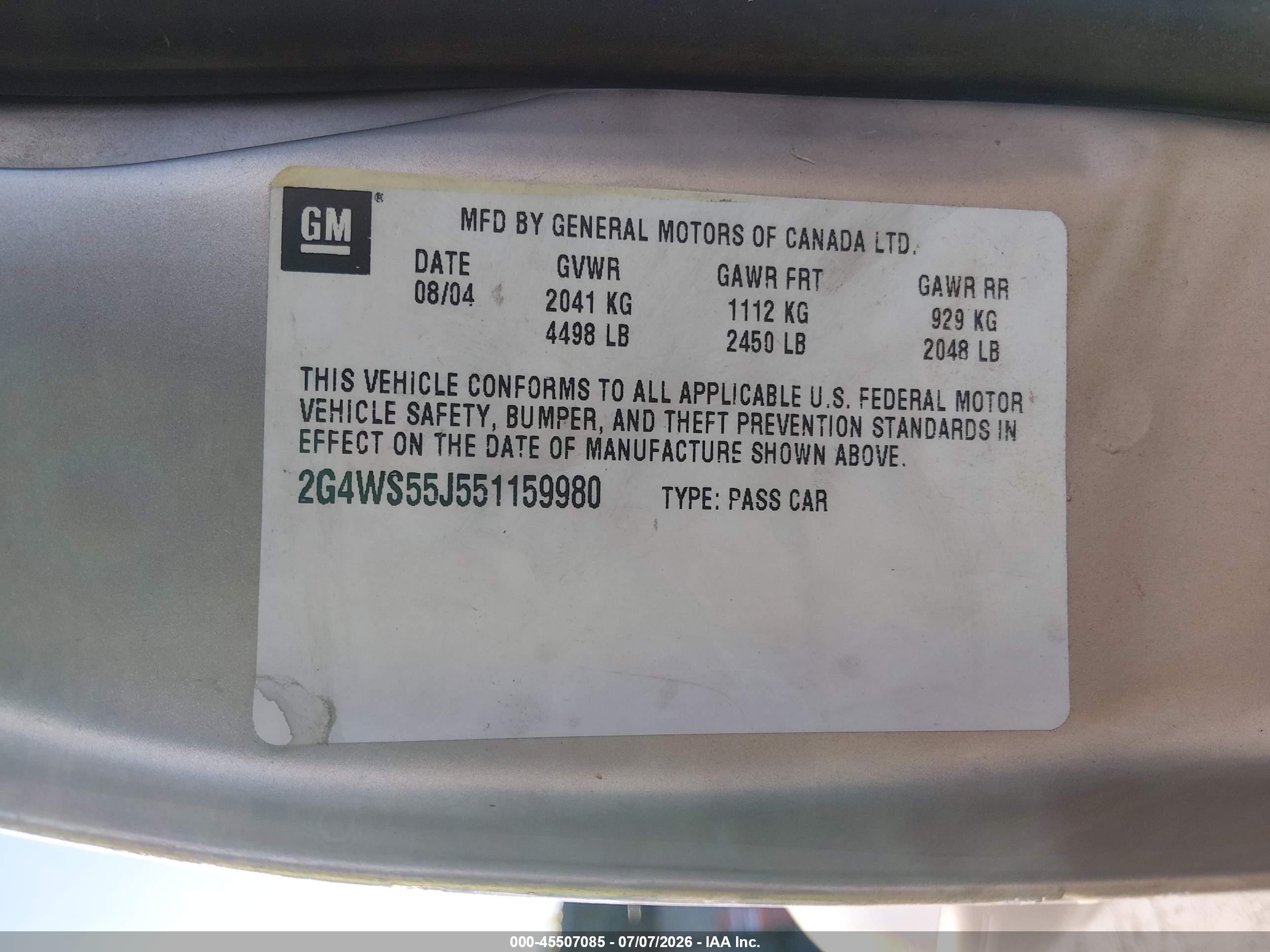 2005 Buick Century   Tan vin: 2G4WS55J551159980