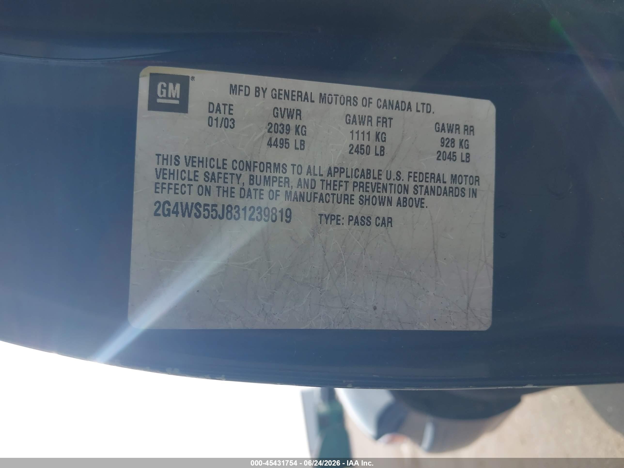 2003 Buick Century Custom Blue vin: 2G4WS55J831239819