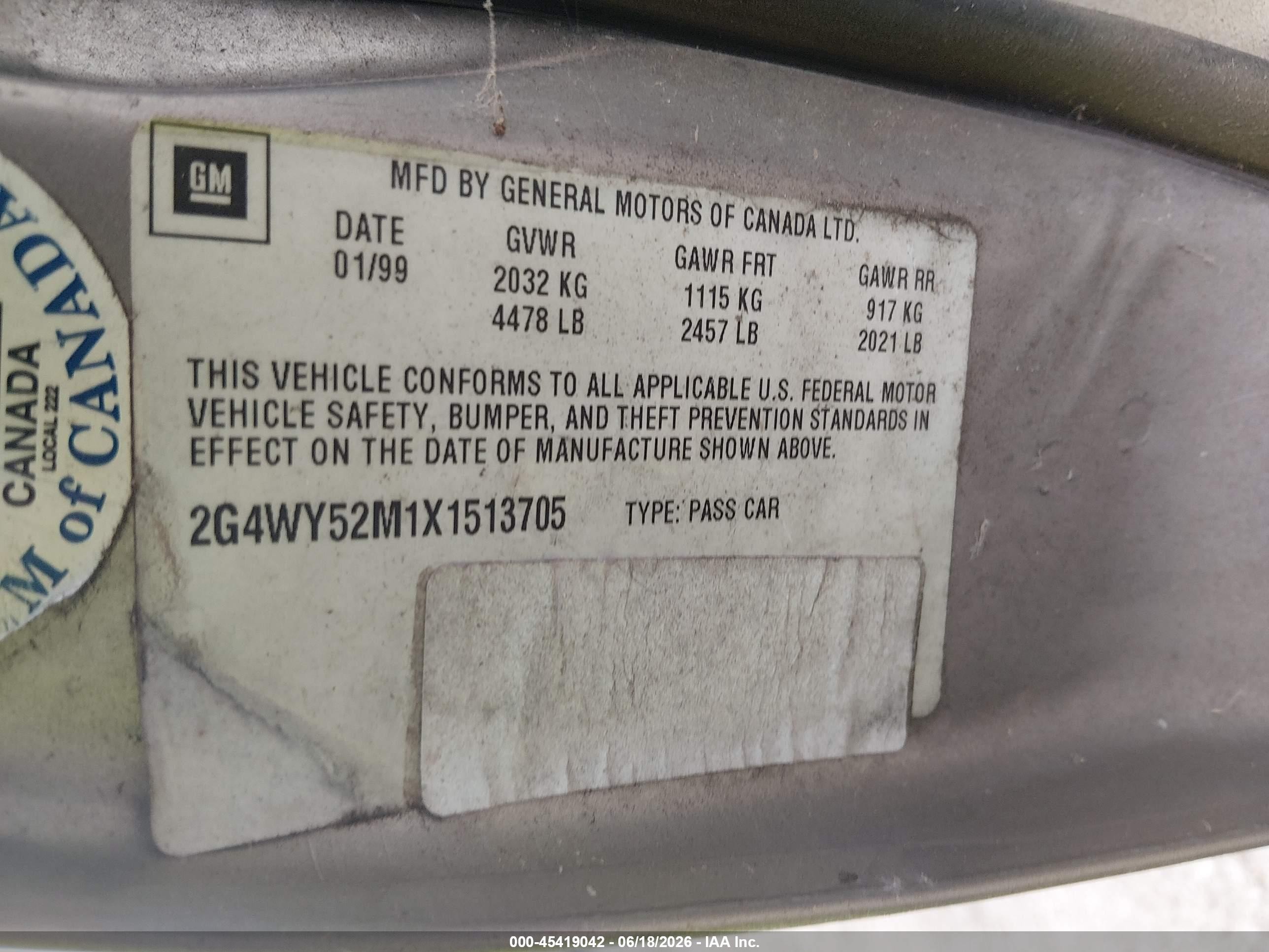 1999 Buick Century Limited Tan vin: 2G4WY52M1X1513705