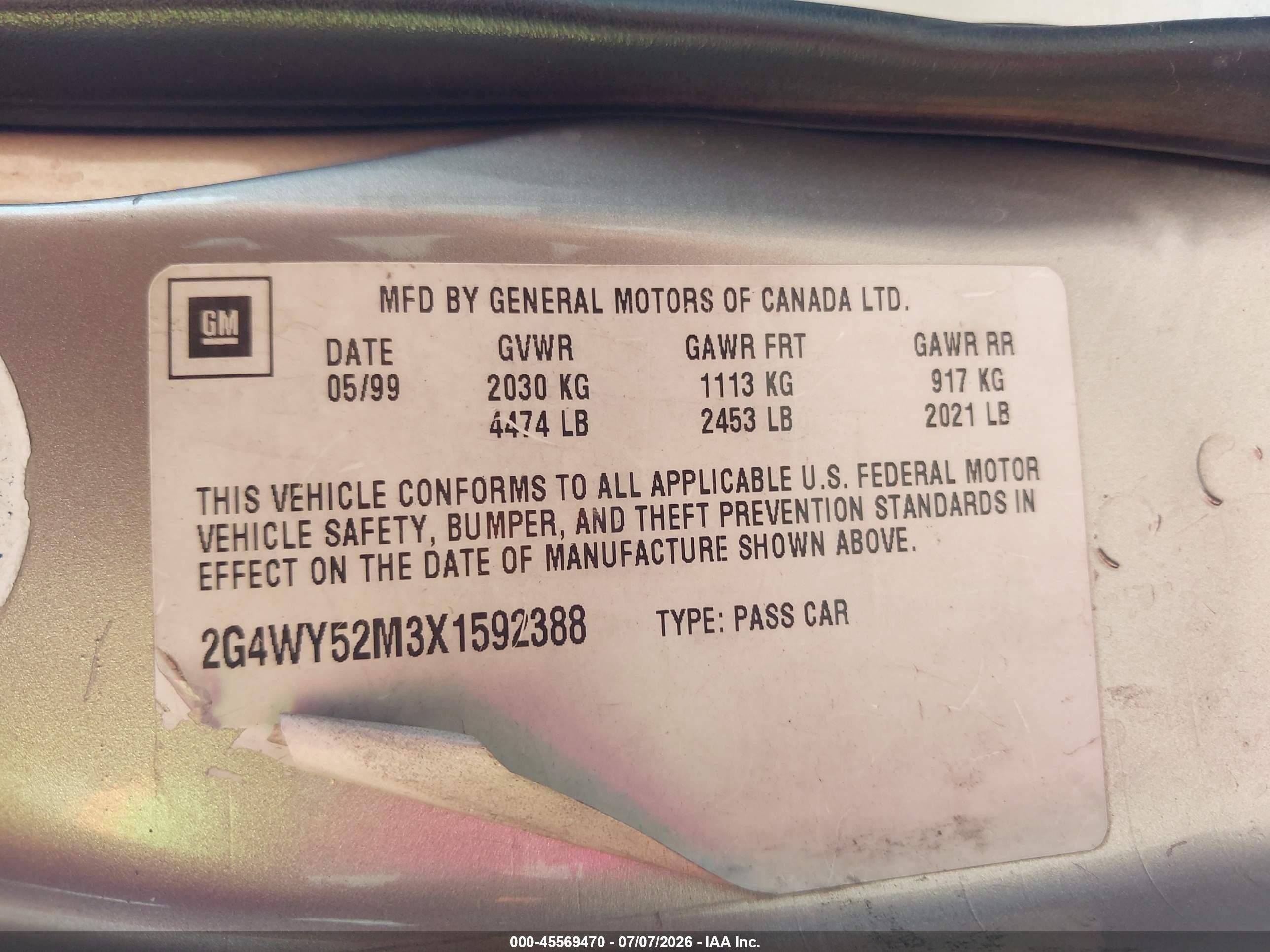 1999 Buick Century Limited Gold vin: 2G4WY52M3X1592388