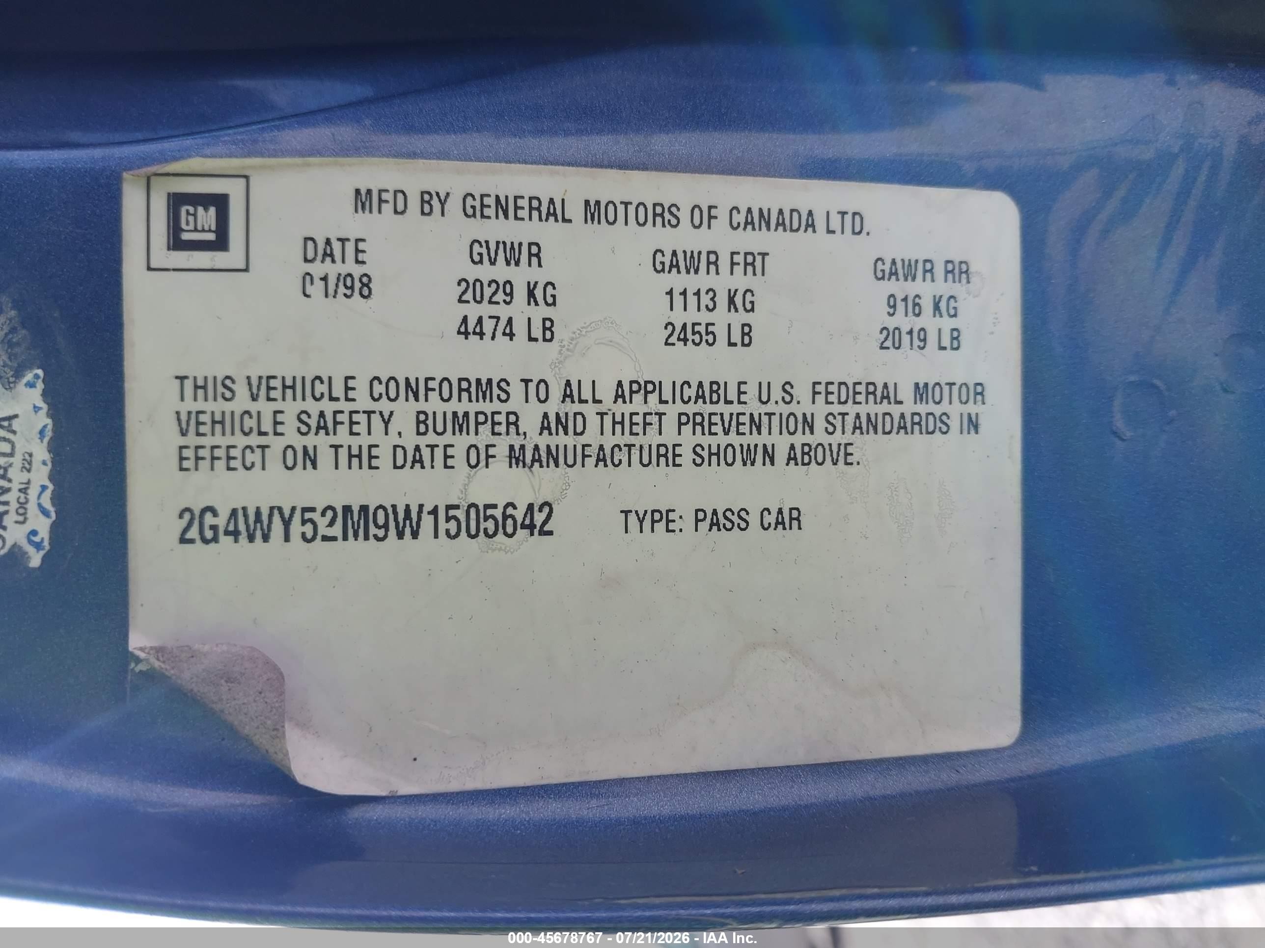 1998 Buick Century Limited Blue vin: 2G4WY52M9W1505642