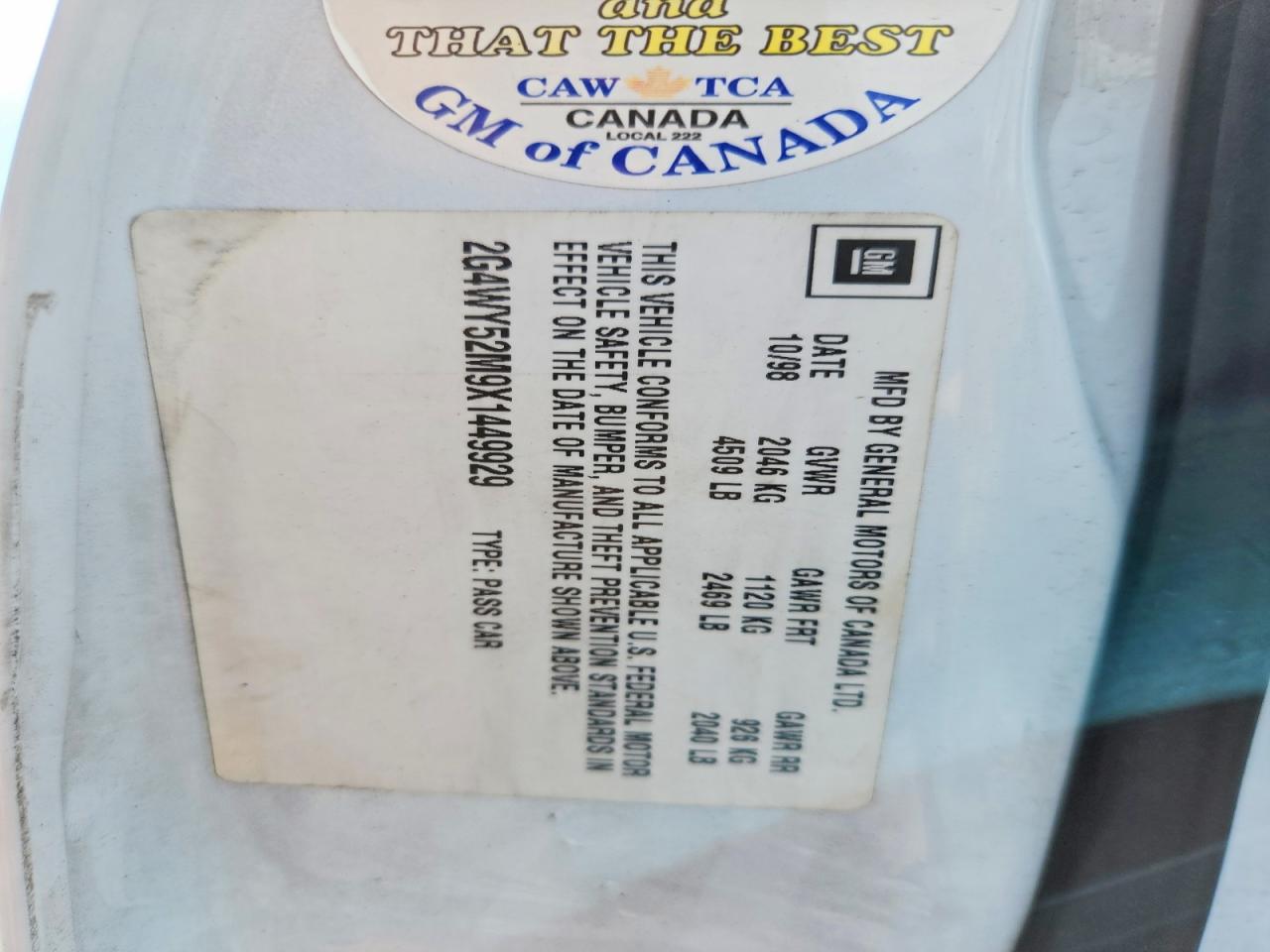 1999 Buick Century Limited White vin: 2G4WY52M9X1449929