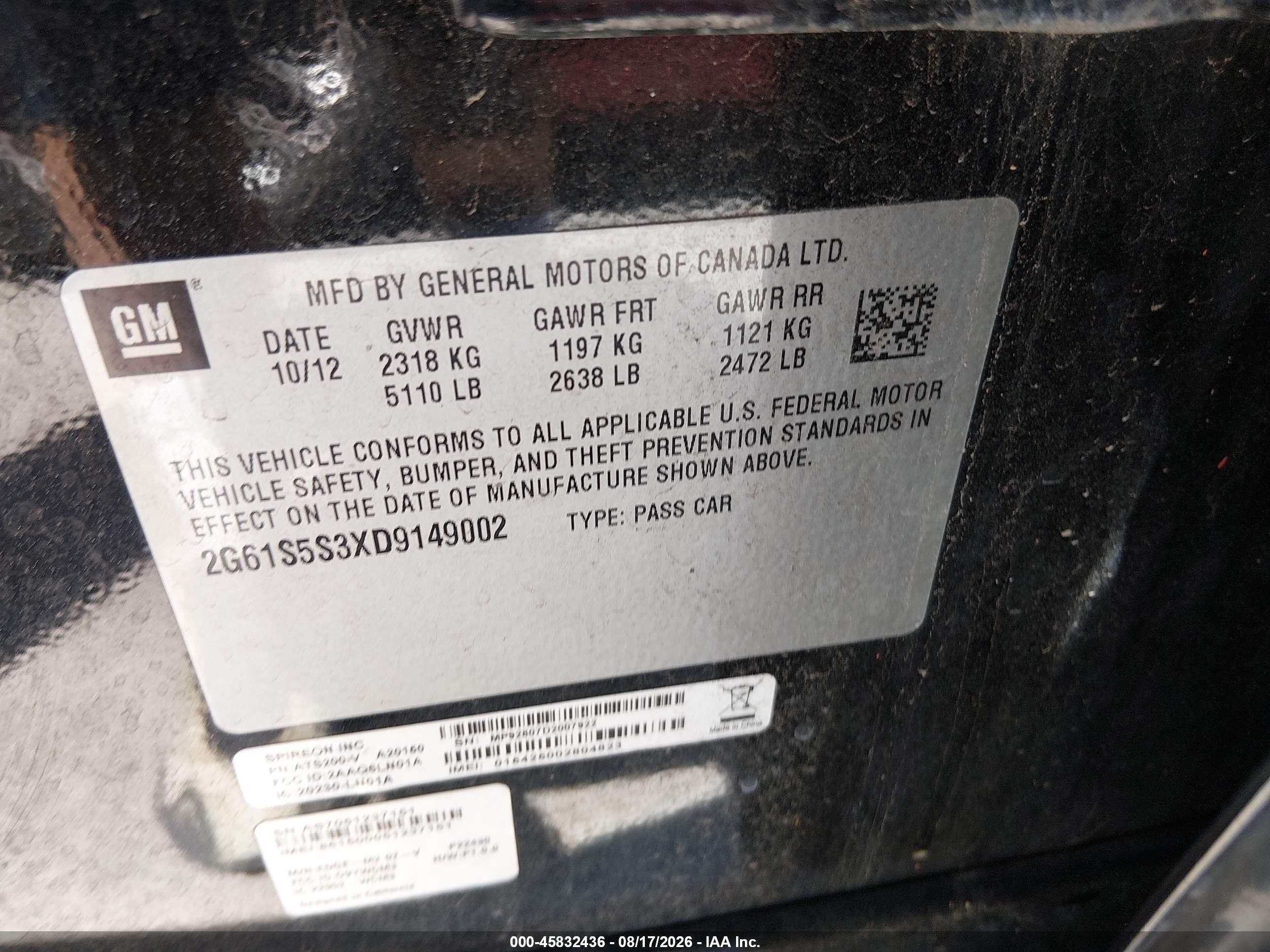 2013 Cadillac Xts Premium Black vin: 2G61S5S3XD9149002