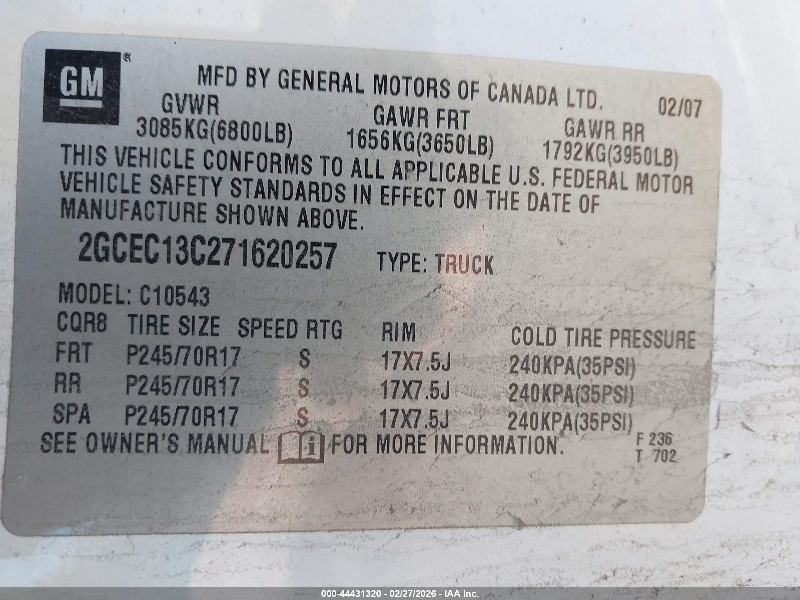 2007 Chevrolet Silverado 1500 Work Truck White vin: 2GCEC13C271620257