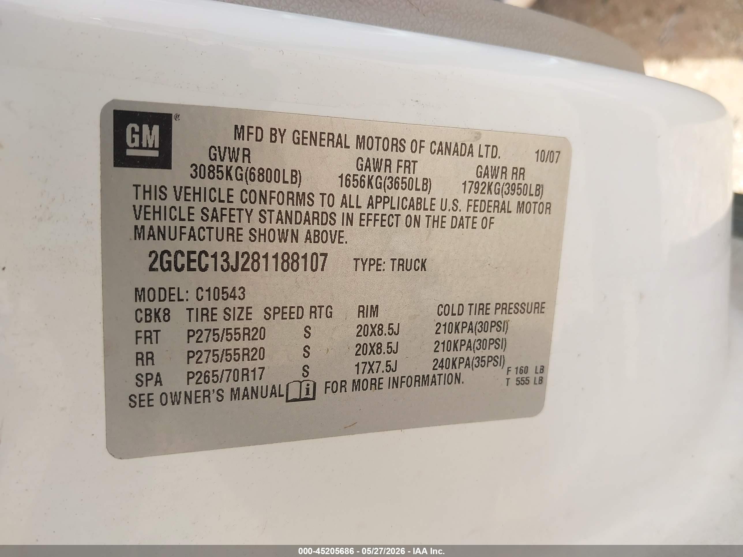 2008 Chevrolet Silverado 1500 Lt1 White vin: 2GCEC13J281188107