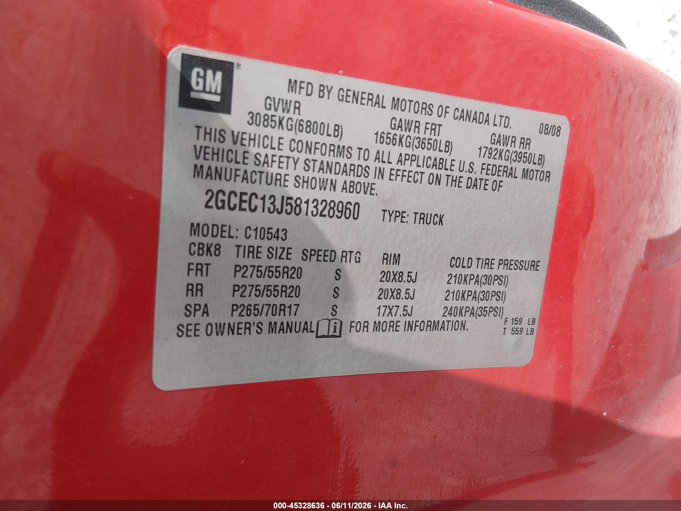 2008 Chevrolet Silverado 1500 Lt1 Red vin: 2GCEC13J581328960