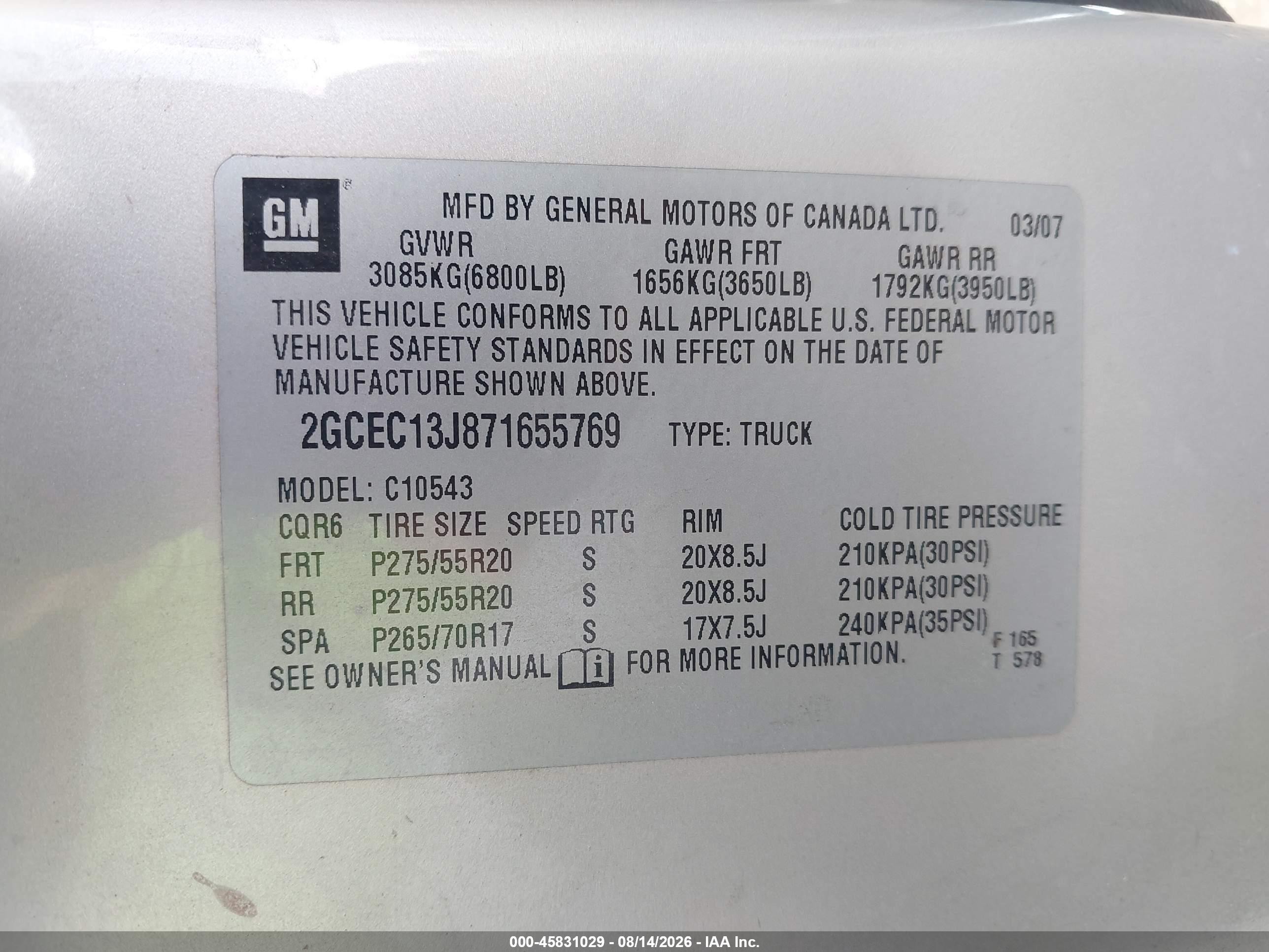 2007 Chevrolet Silverado 1500 Lt1 Champagne vin: 2GCEC13J871655769